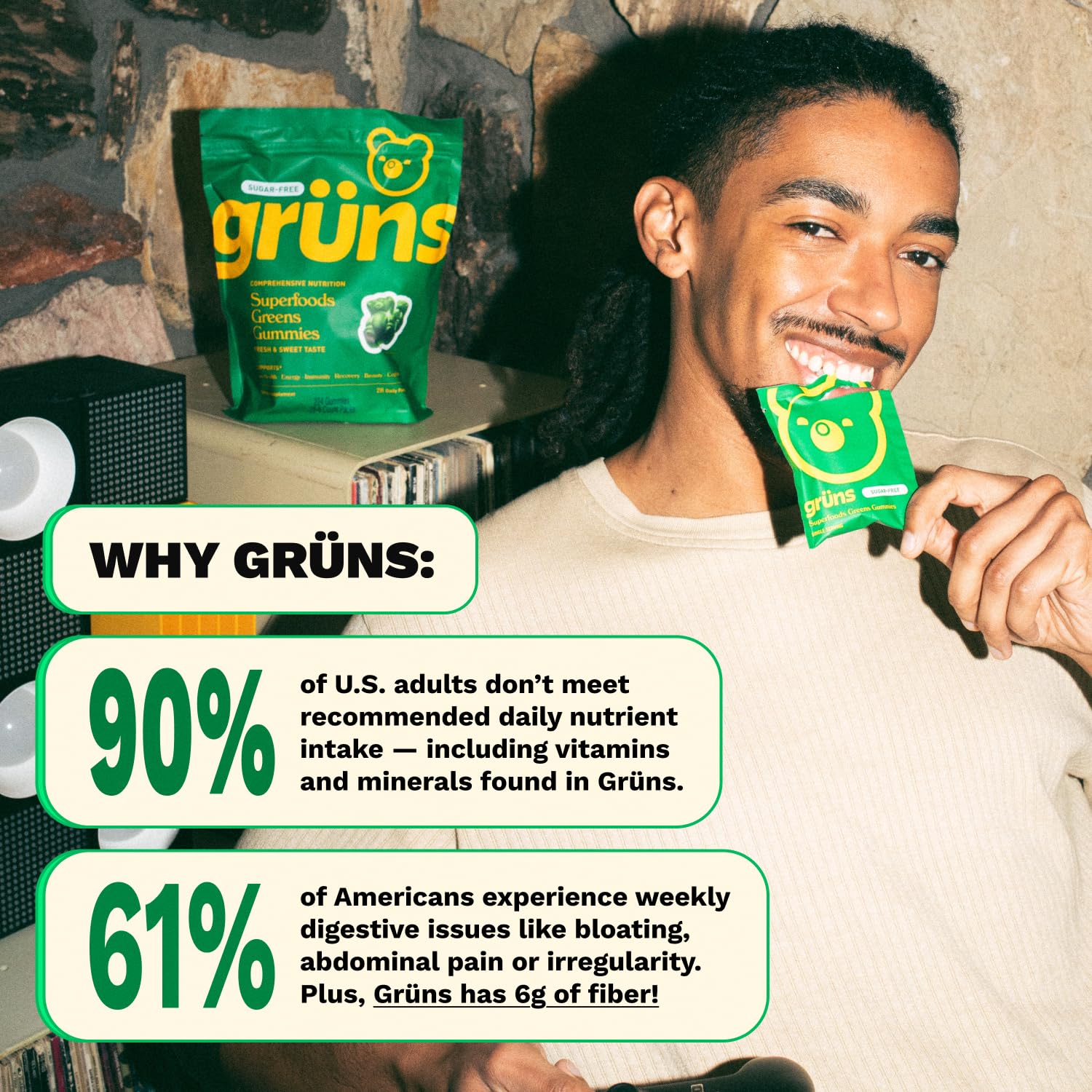 Grüns whole-food fruits and vegetables content visible on packaging.