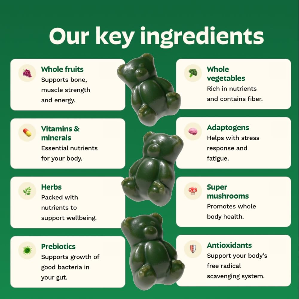 Grüns Super Greens gummies close-up highlighting chewy texture and fruity flavor.