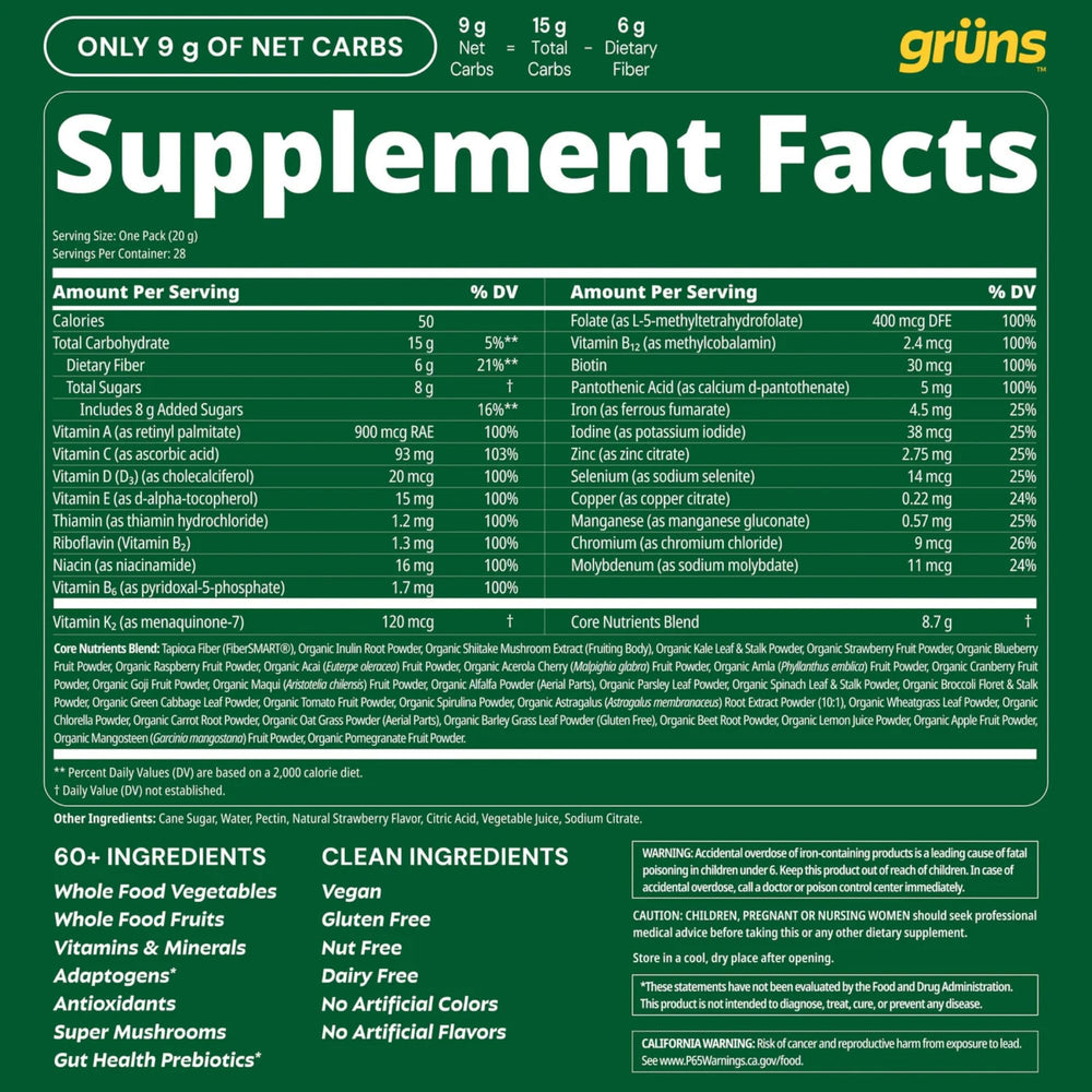 Grüns vegan-certified badge and clean ingredients on packaging.