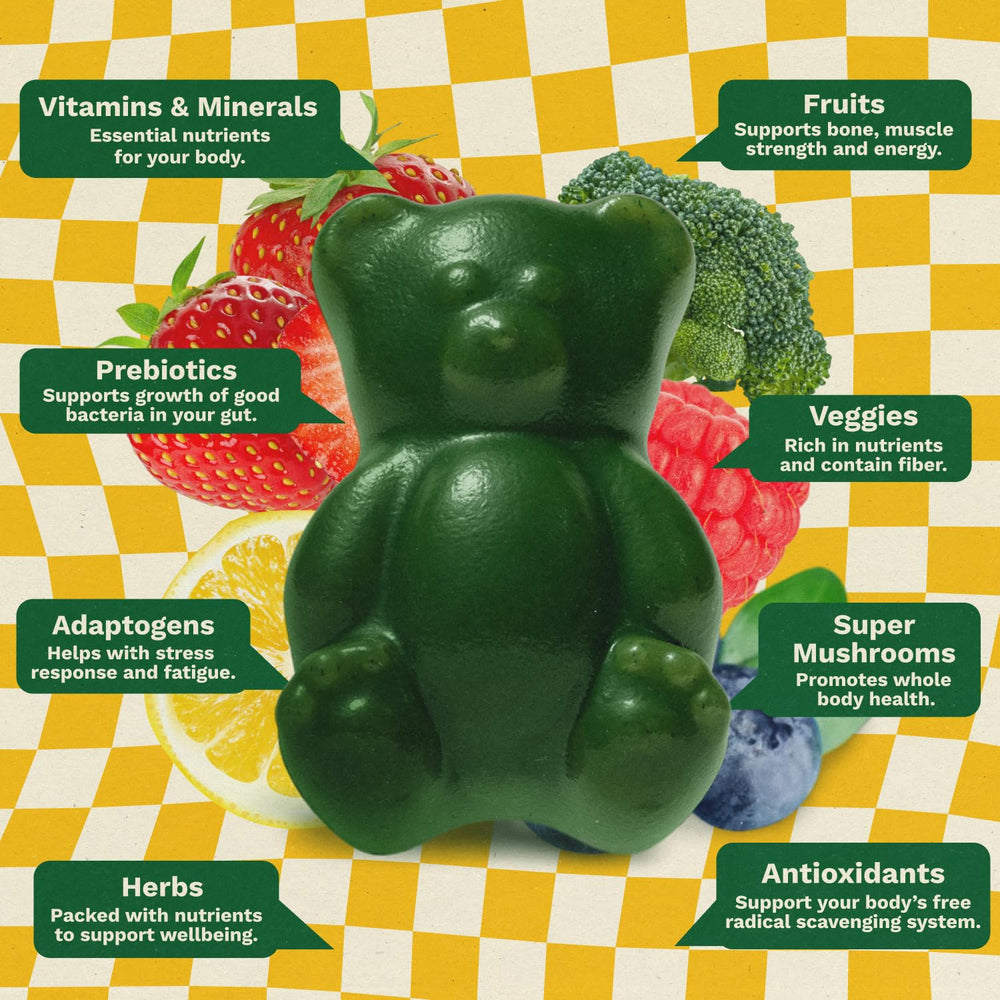 Grüns ingredients infographic illustrating 60 nutrient-dense components for kids