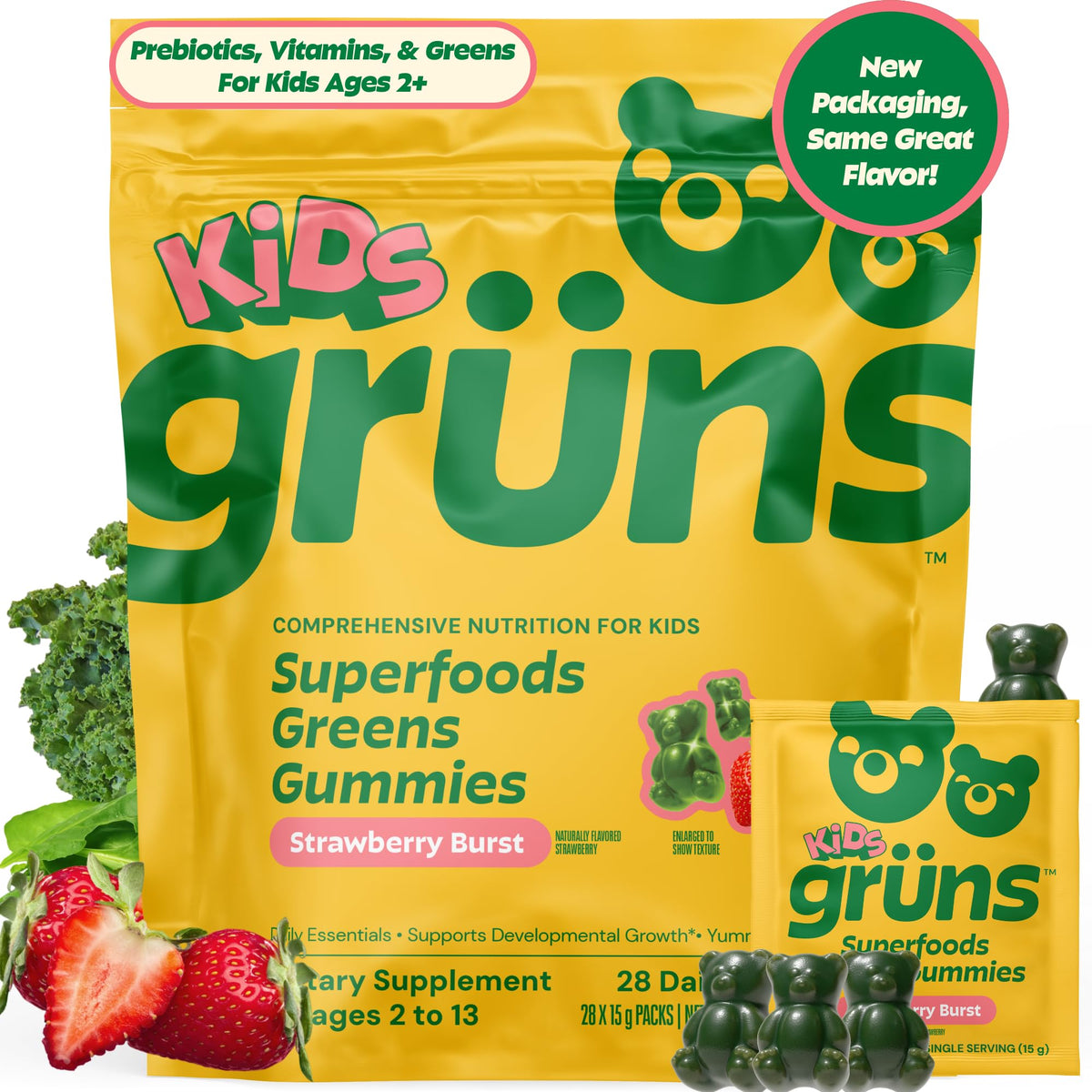 Grüns kids multivitamin gummies strawberry flavor bottle showing convenient daily nutrition for kids