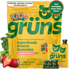 Grüns kids multivitamin gummies strawberry flavor bottle showing convenient daily nutrition for kids