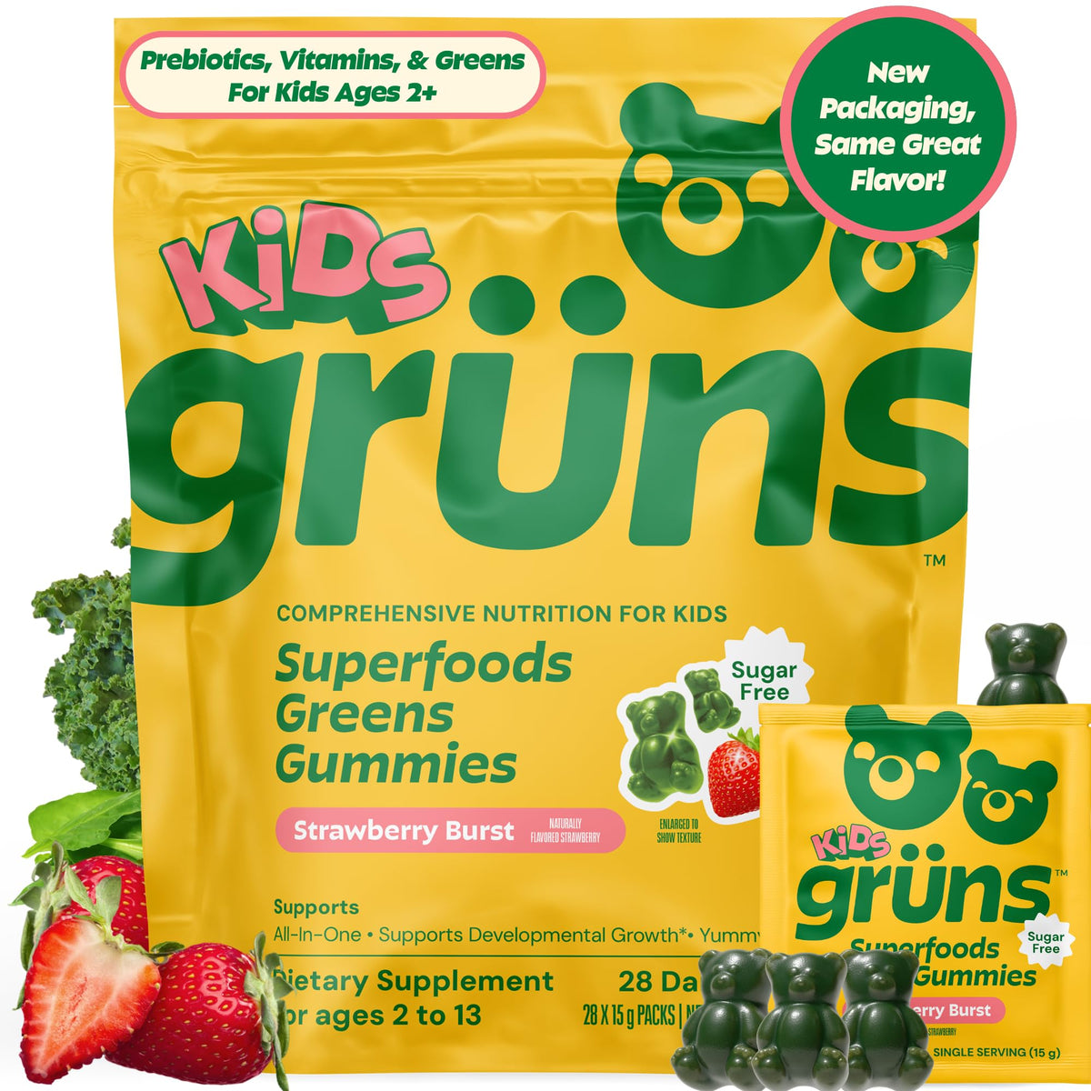 Grüns Kids Multivitamin bottle front with colorful gummies for daily nutrition.