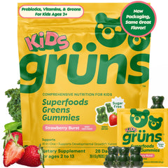 Grüns Kids Multivitamin bottle front with colorful gummies for daily nutrition.