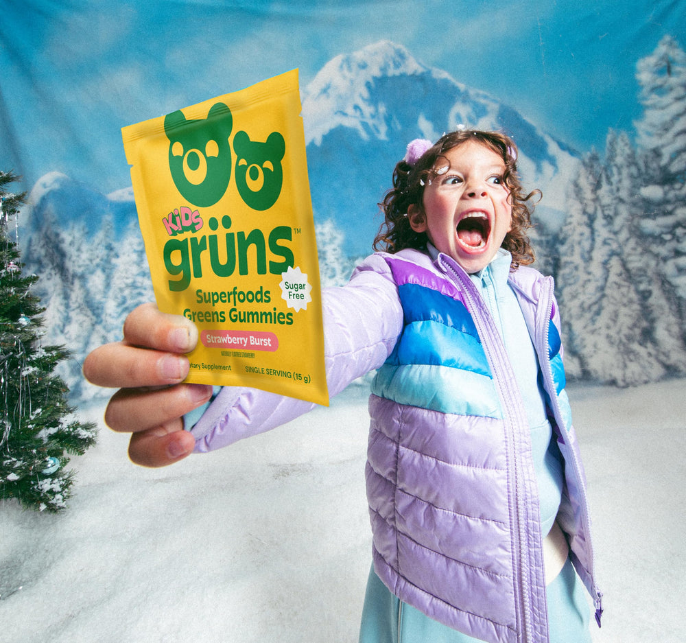 Grüns nutrition facts card emphasizes 20+ vitamins and minerals.