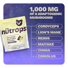 Grüns Nutrops ingredients display with six mushrooms for potential cognitive support
