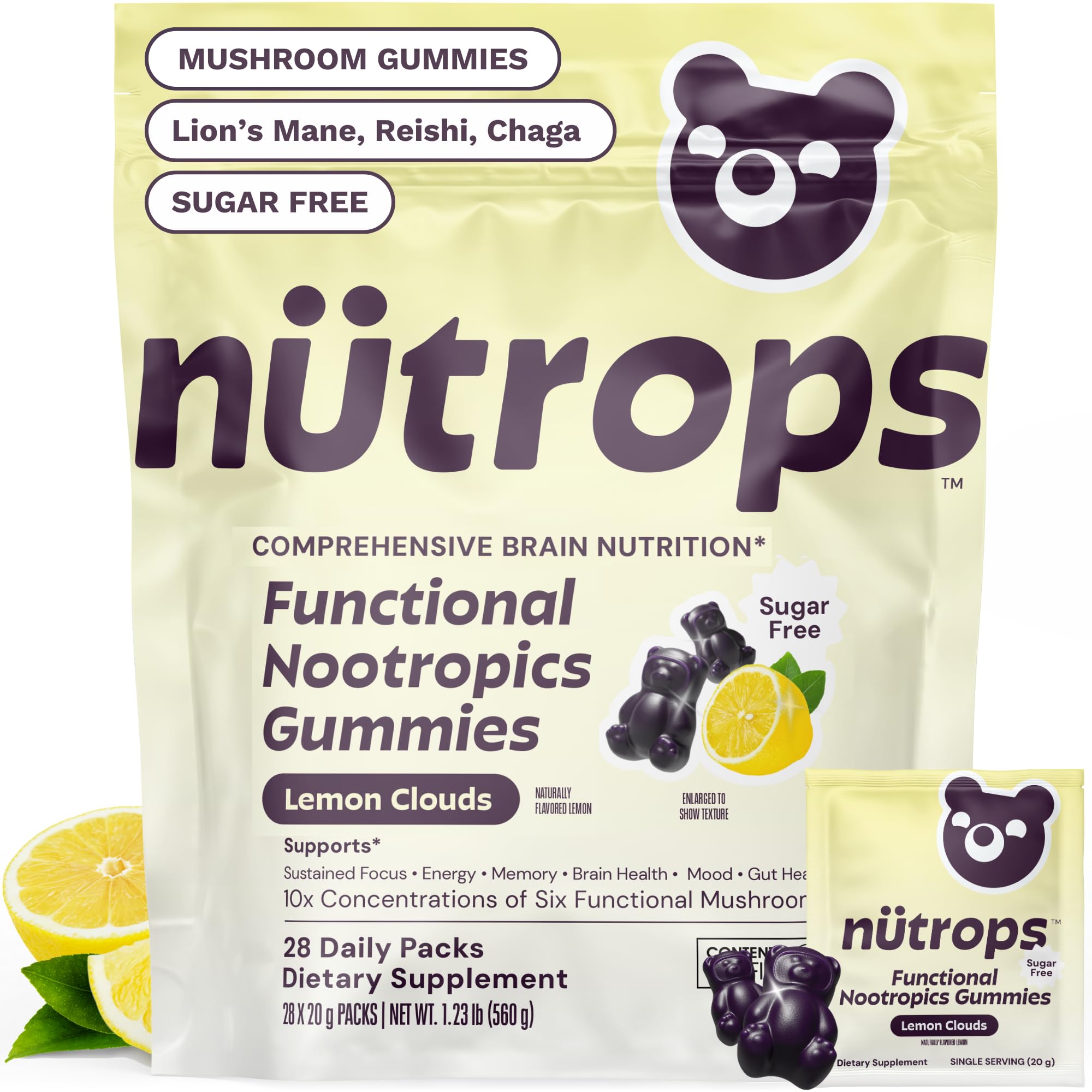 Grüns Nutrops lemon sugar-free Lions Mane bottle front for focused daytime energy