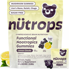 Grüns Nutrops lemon sugar-free Lions Mane bottle front for focused daytime energy