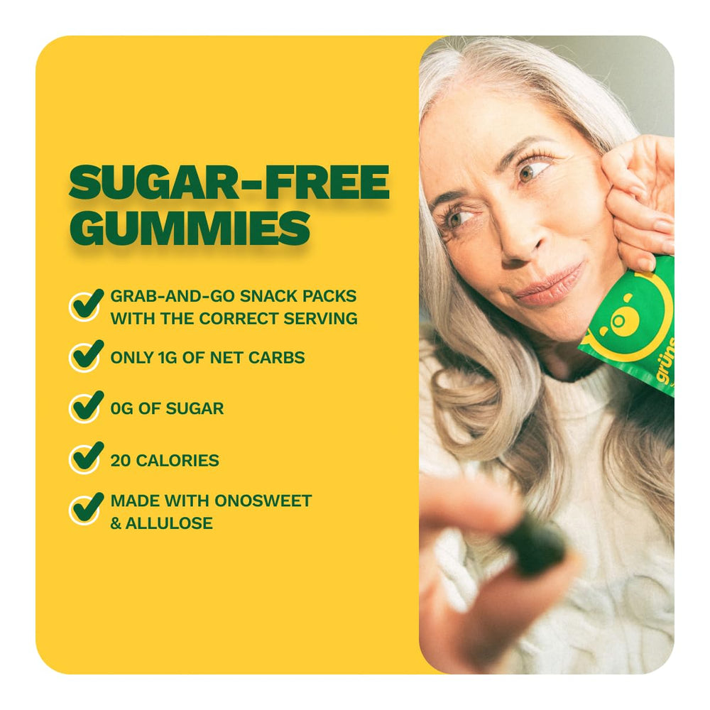 Grüns Nutrops lemon gummy close-up emphasizing flavor and sugar-free option