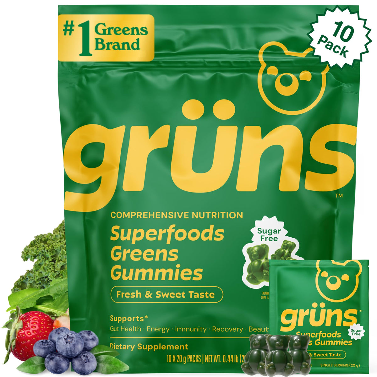 Grüns Sugar-Free Super Greens Gummies bottle with strawberry flavor for daily nutrition.
