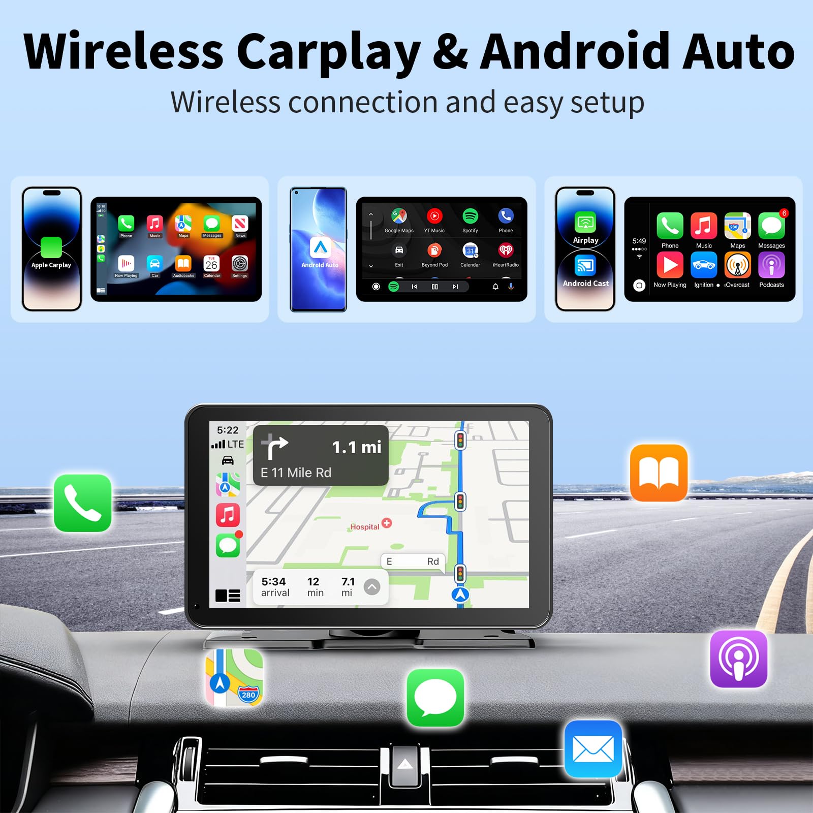 GTVFS wireless CarPlay and Android Auto display enabling cable-free navigation