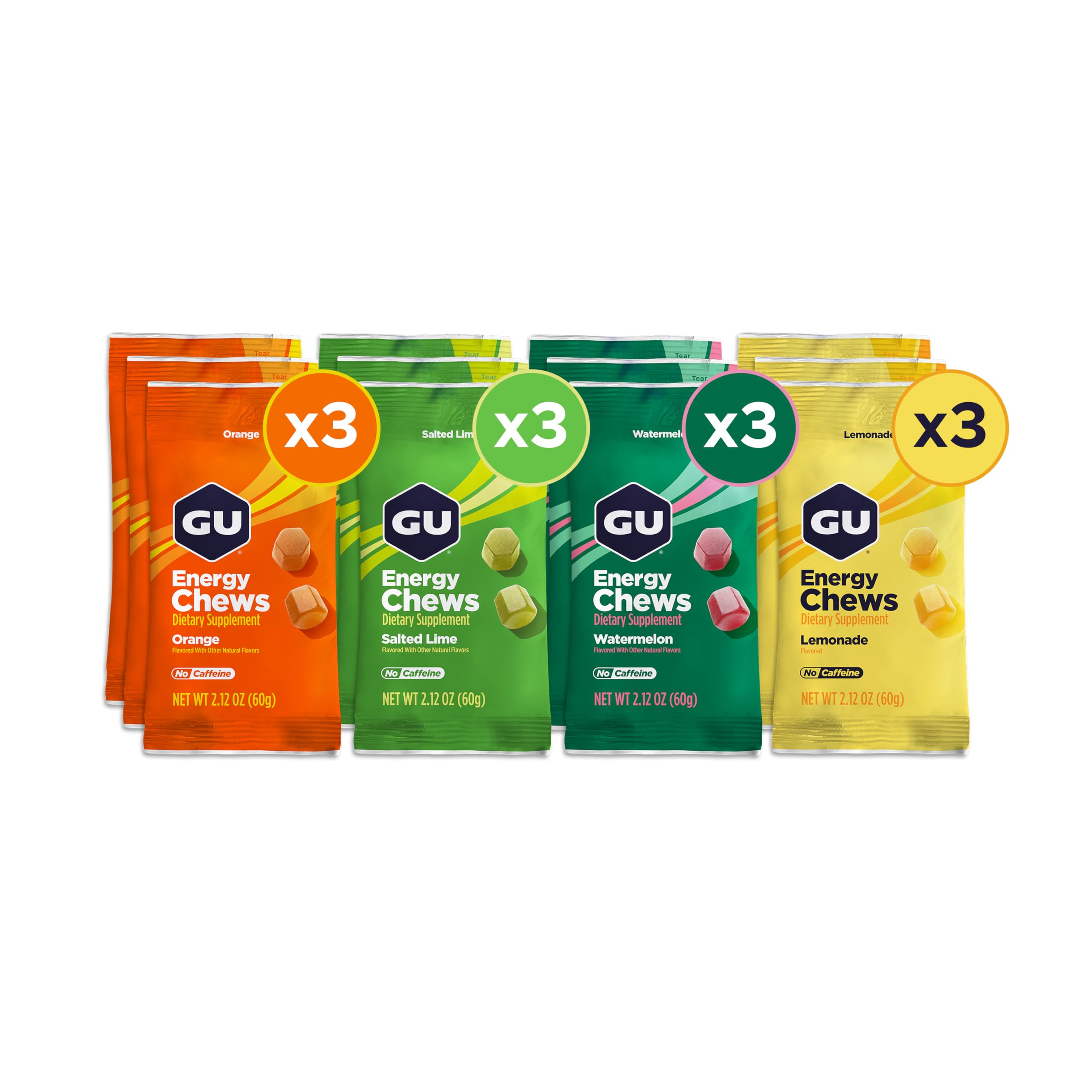 GU Energy Chews mixed-pack bags shown for on-the-go fueling and variety