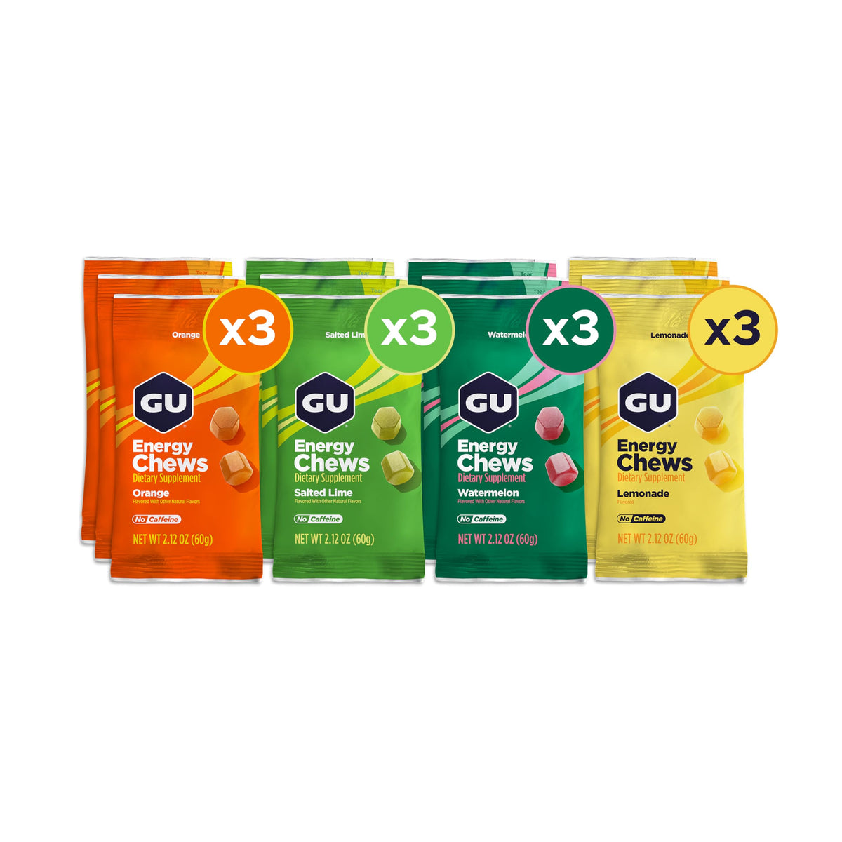 GU Energy Chews mixed-pack bags shown for on-the-go fueling and variety