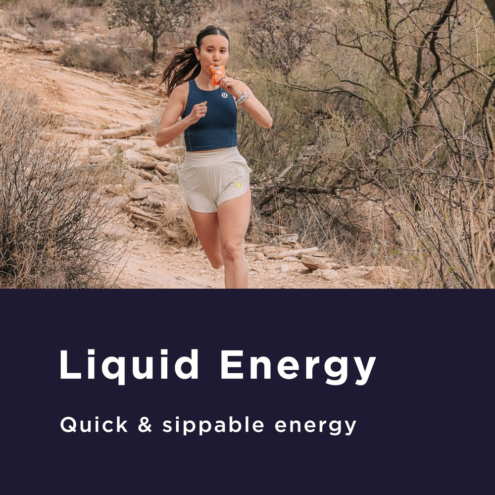 GU Energy Liquid Energy Gel orange packet ready for racing intervals