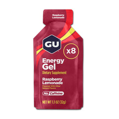 GU Energy Raspberry Lemonade gel packet for quick energy during workouts.
