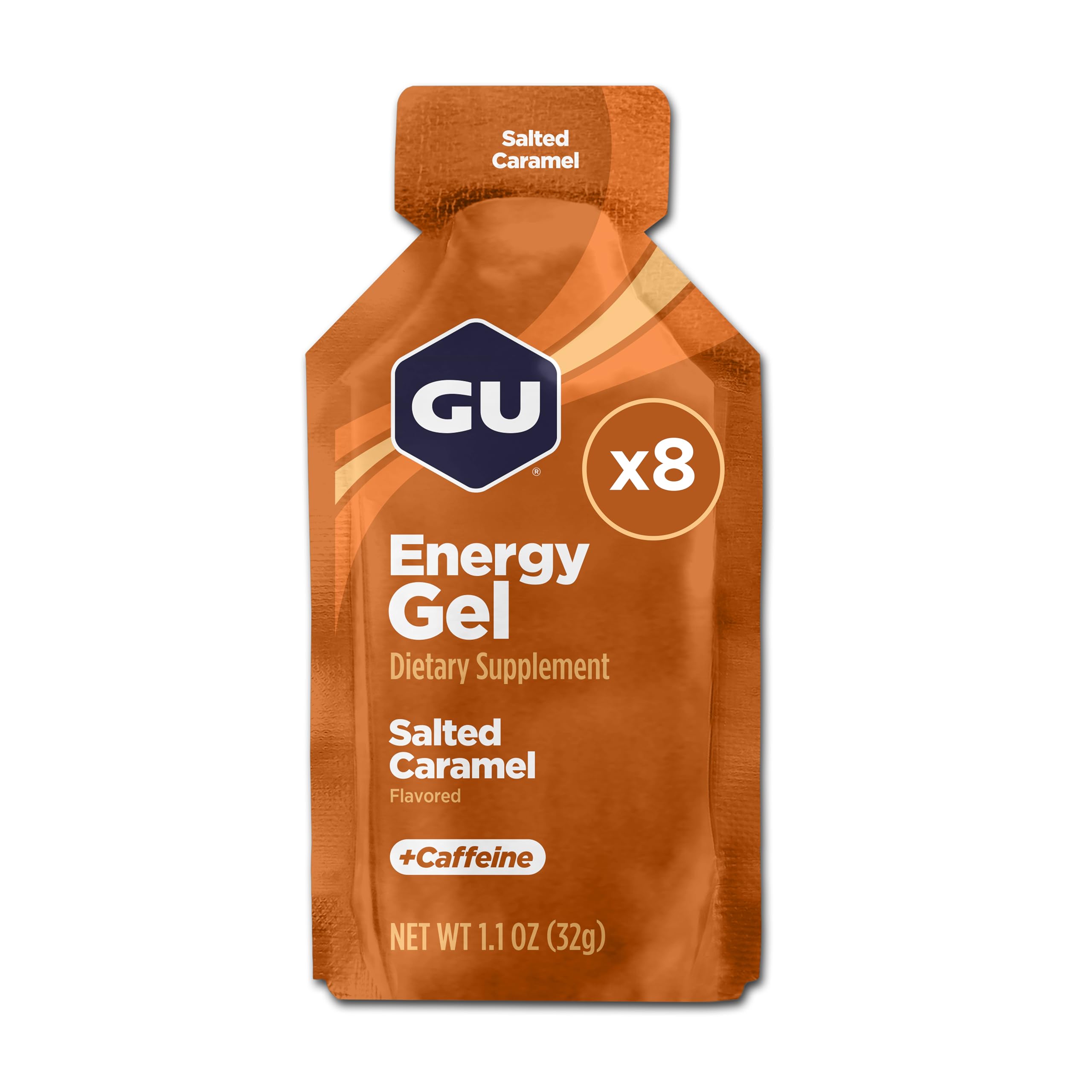 GU Energy Original Salted Caramel gel packet on the go for quick fueling