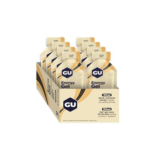 GU Energy Vanilla Bean gel label showing ingredients and caffeine information