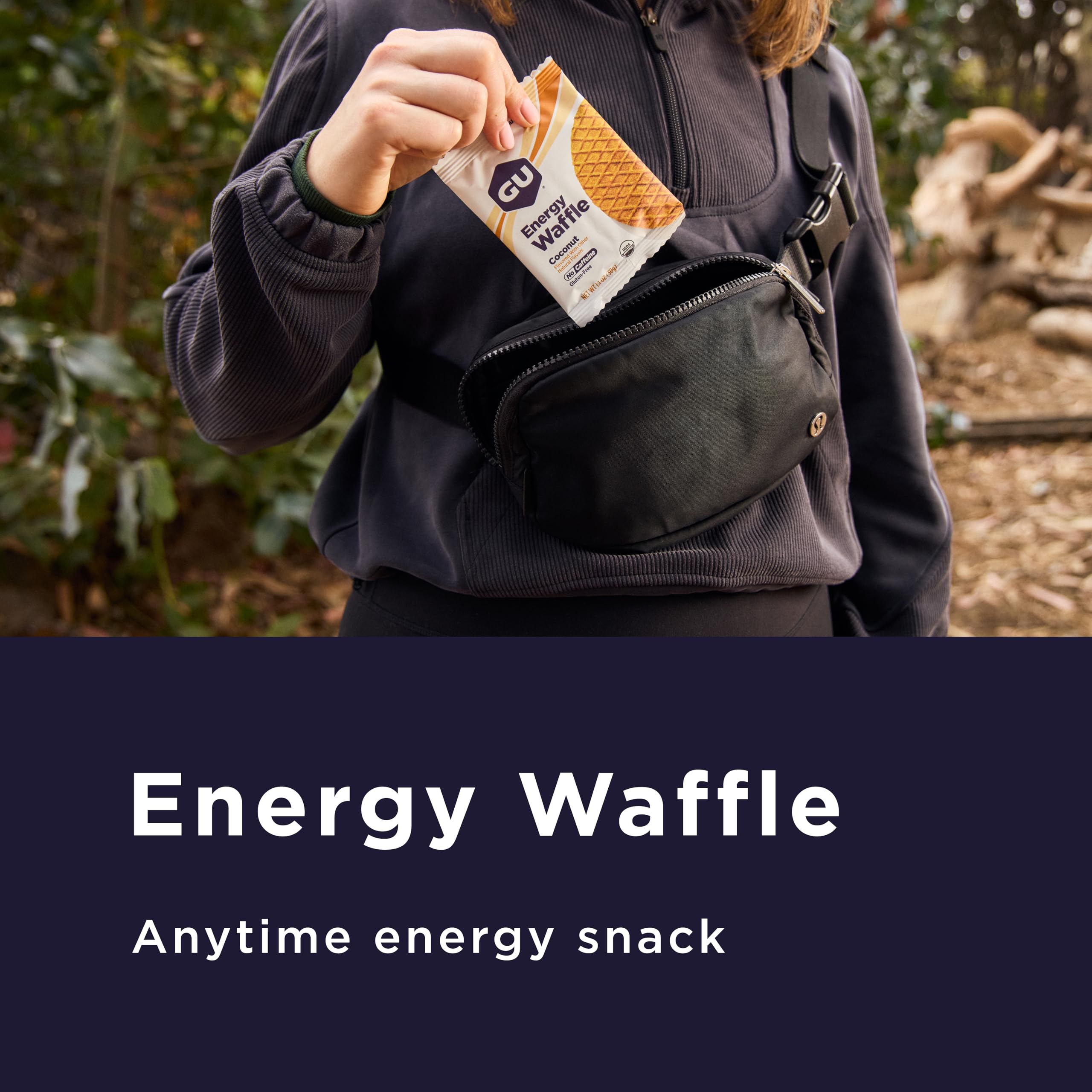GU Energy Stroopwafel salted caramel cross-section revealing caramel layer and crisp wafers.
