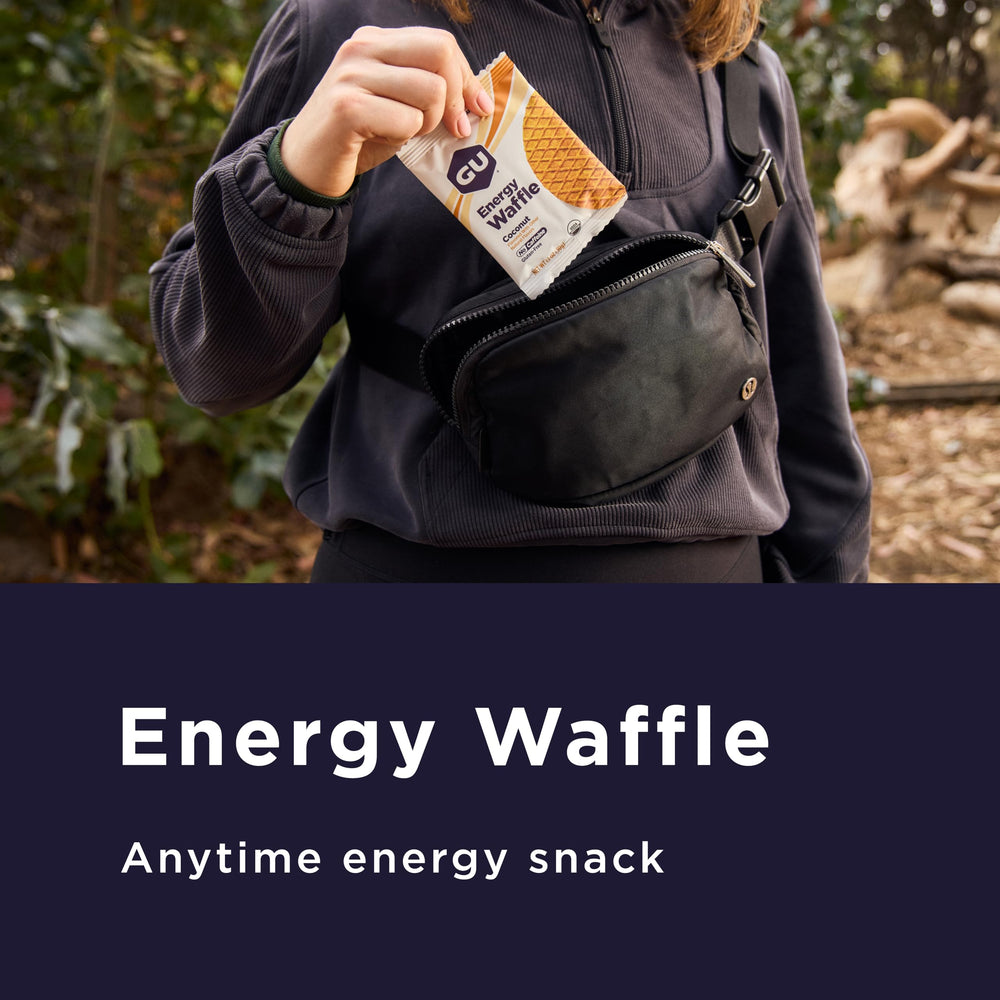 GU Energy Stroopwafel salted caramel cross-section revealing caramel layer and crisp wafers.