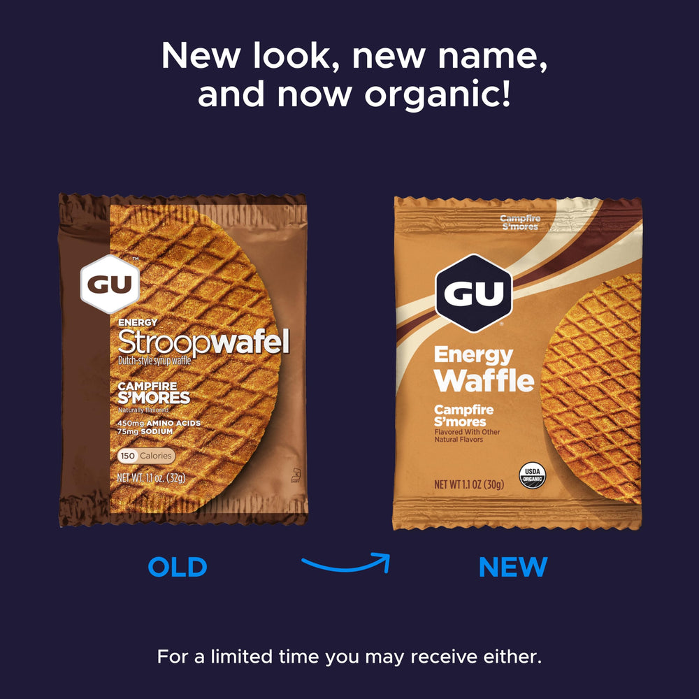 GU Energy Stroopwafel salted chocolate packaging highlighting convenient energy on the go.