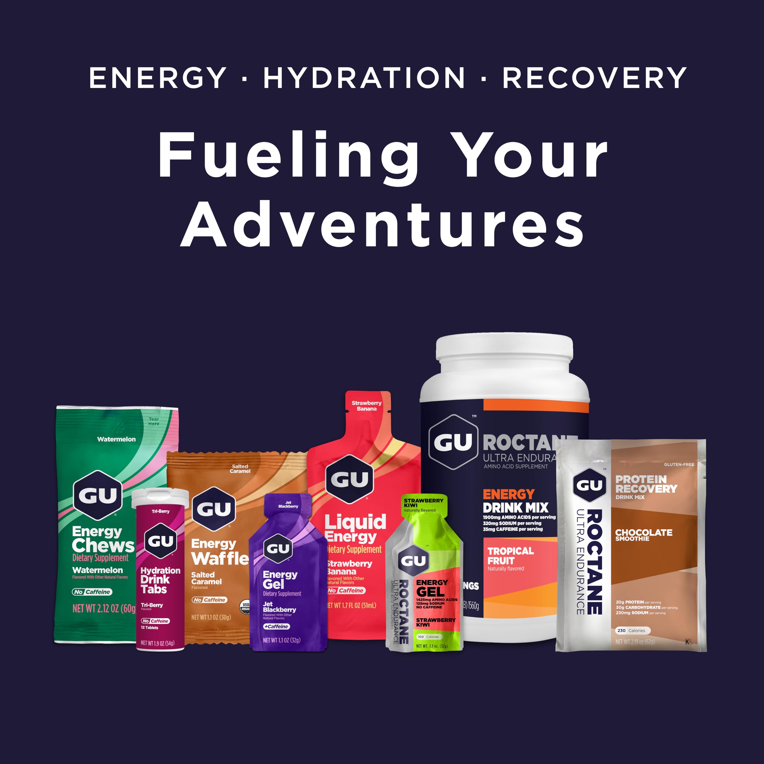 GU Energy Stroopwafel variety pack display shows four flavors for versatile fueling.