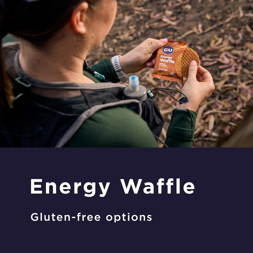 GU Energy Stroopwafel wild berry on hand ready for pre-workout snack.