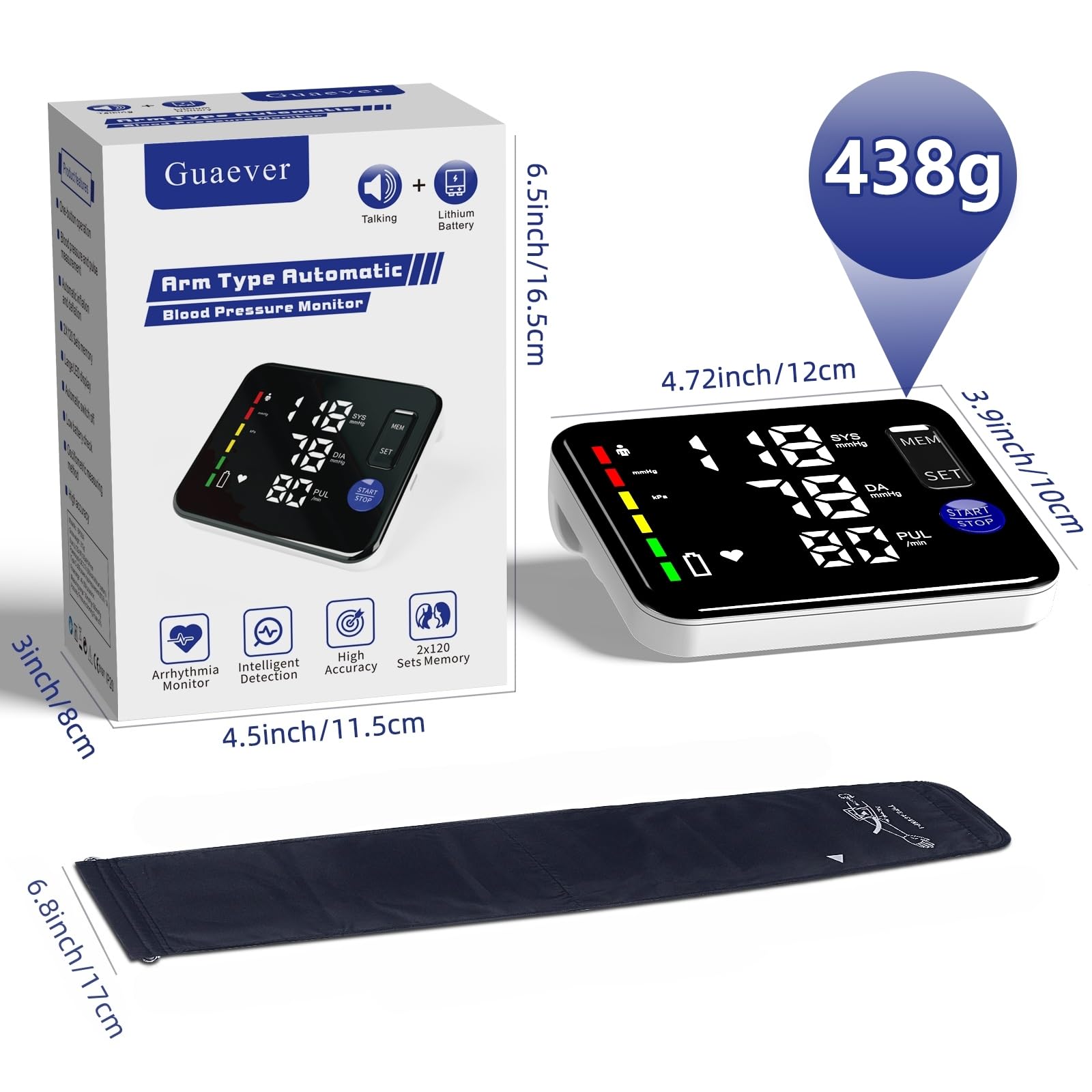 GUAEVER Blood Pressure Monitor two-user memory with 120 readings each.