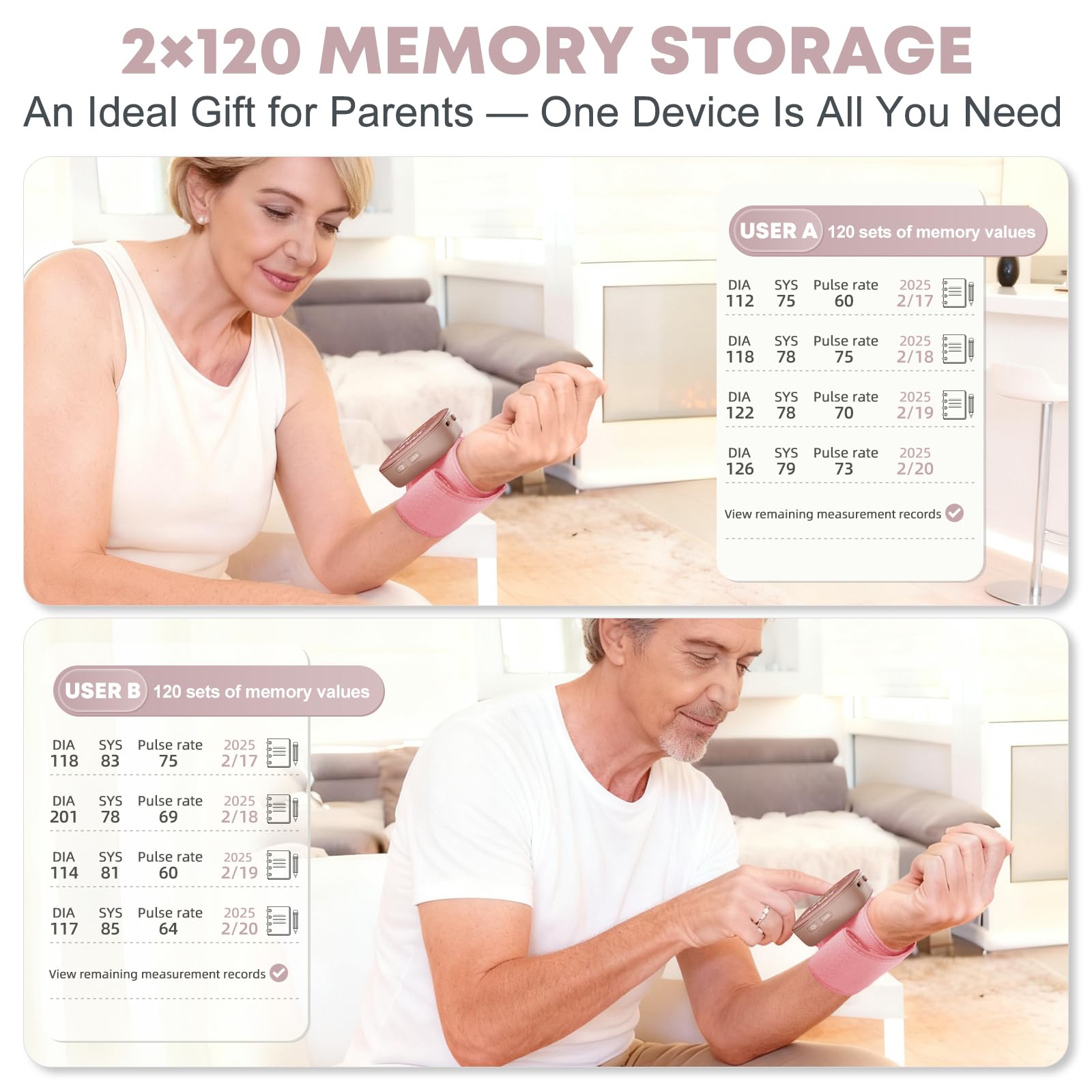 GUAEVER two-user memory BP monitor keeps two profiles and data separate.