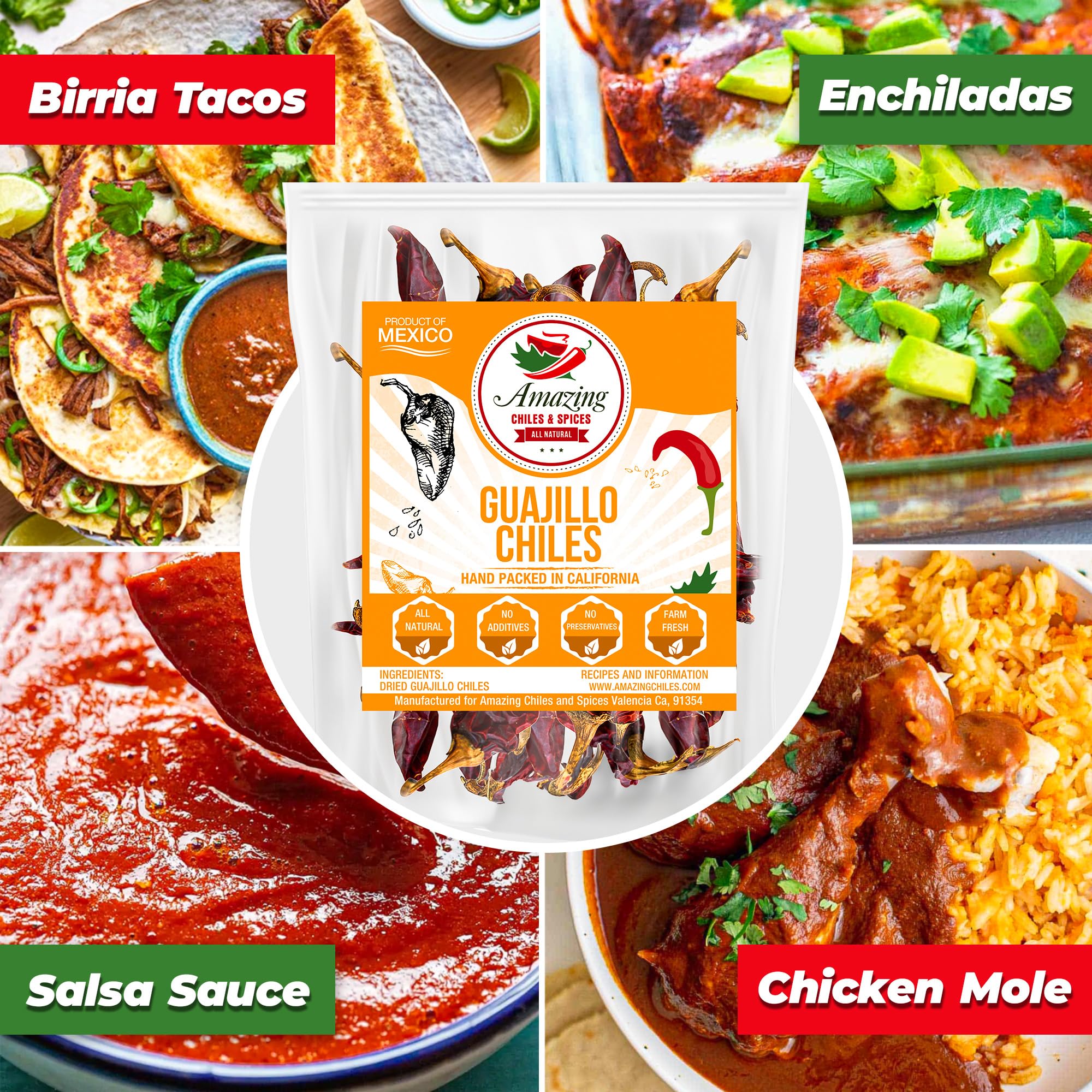 Amazing Chiles & Spices Guajillo chiles closeup shows fruity, smoky notes for sauces.