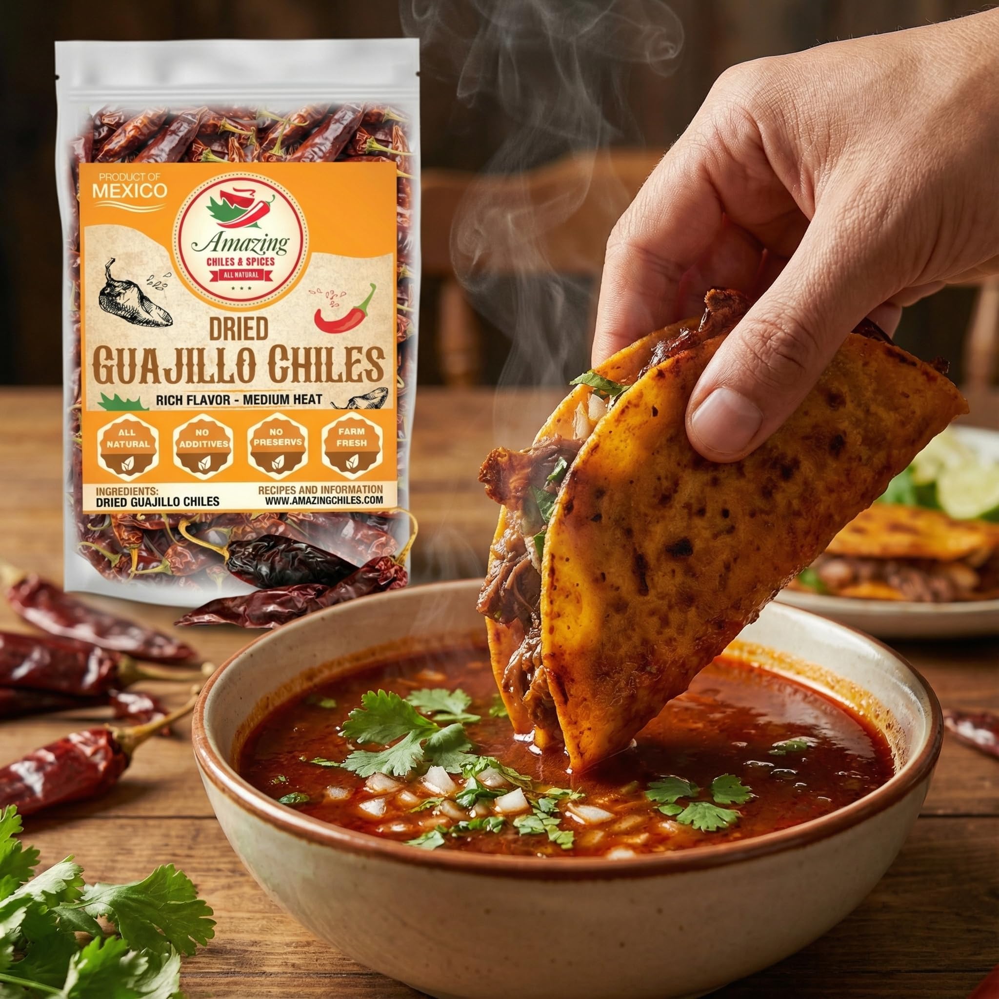 Amazing Chiles & Spices guajillo chiles enhancing salsa and enchiladas.