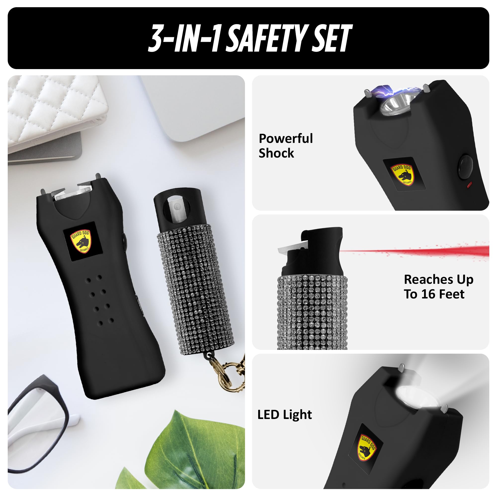 Guard Dog Security flashlight with high, low, and SOS modes for versatile lighting.