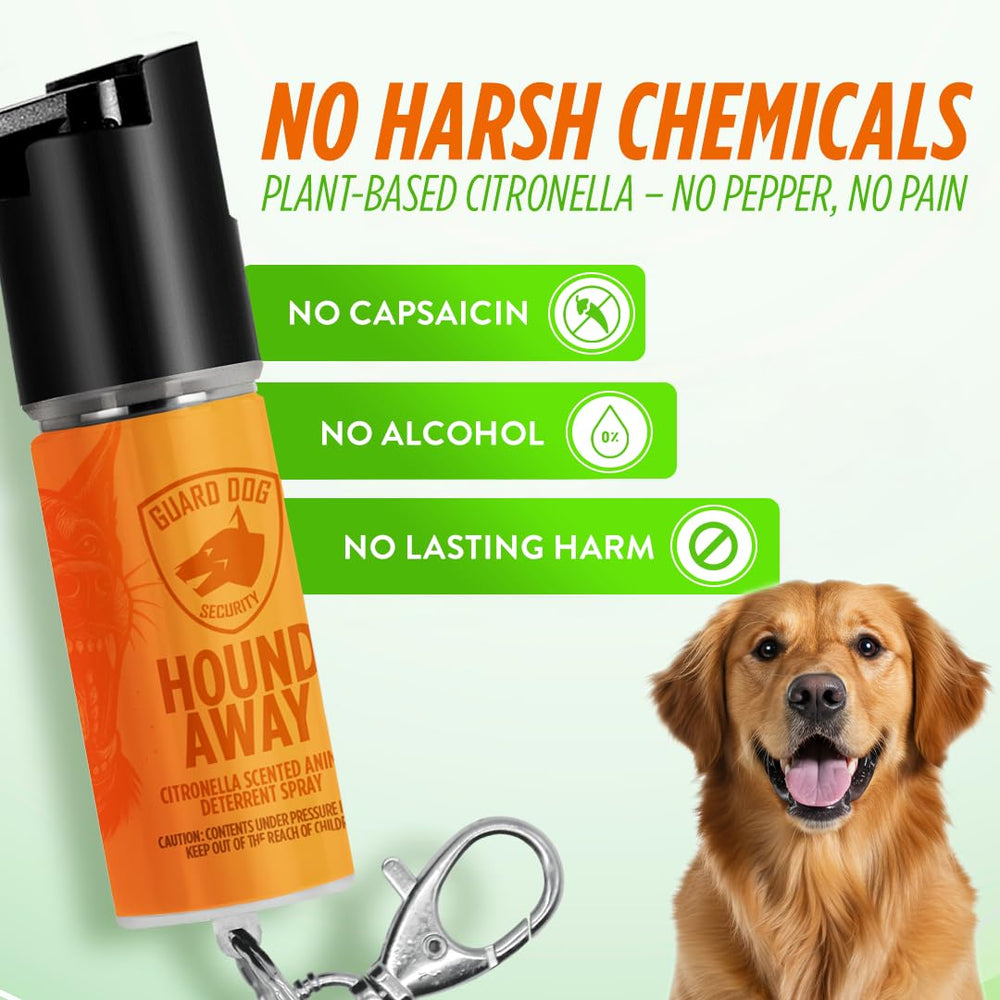 Guard Dog Security citronella spray directs a long-range stream to deter dogs.