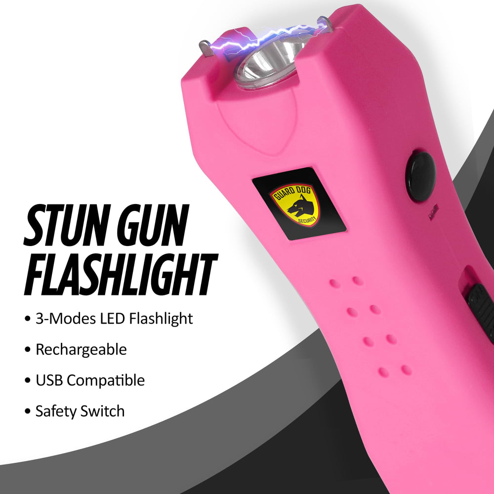 Guard Dog Security stun gun and three-mode flashlight in a compact form.