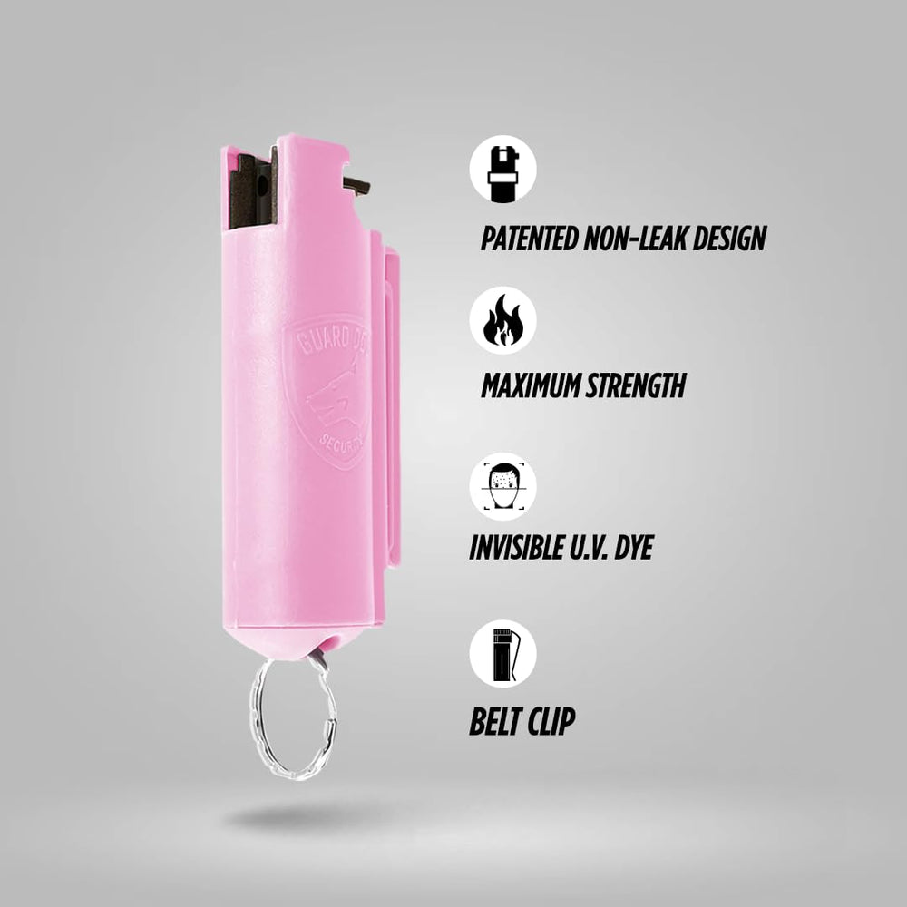 Guard Dog Security pepper spray showing twist-lock safety cap for secure carry.