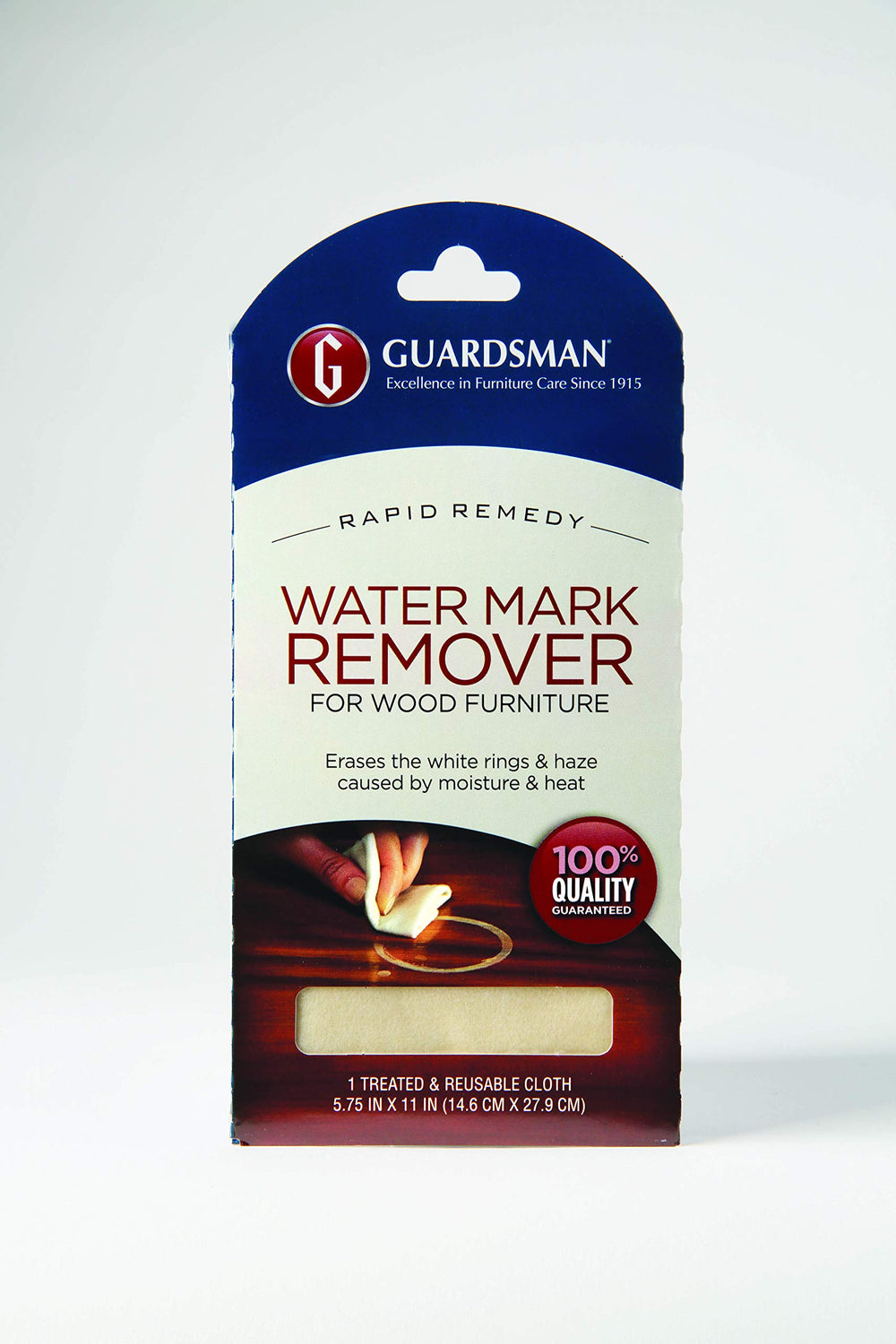 Guardsman water ring remover cloth applied on a wood surface to reduce water marks.