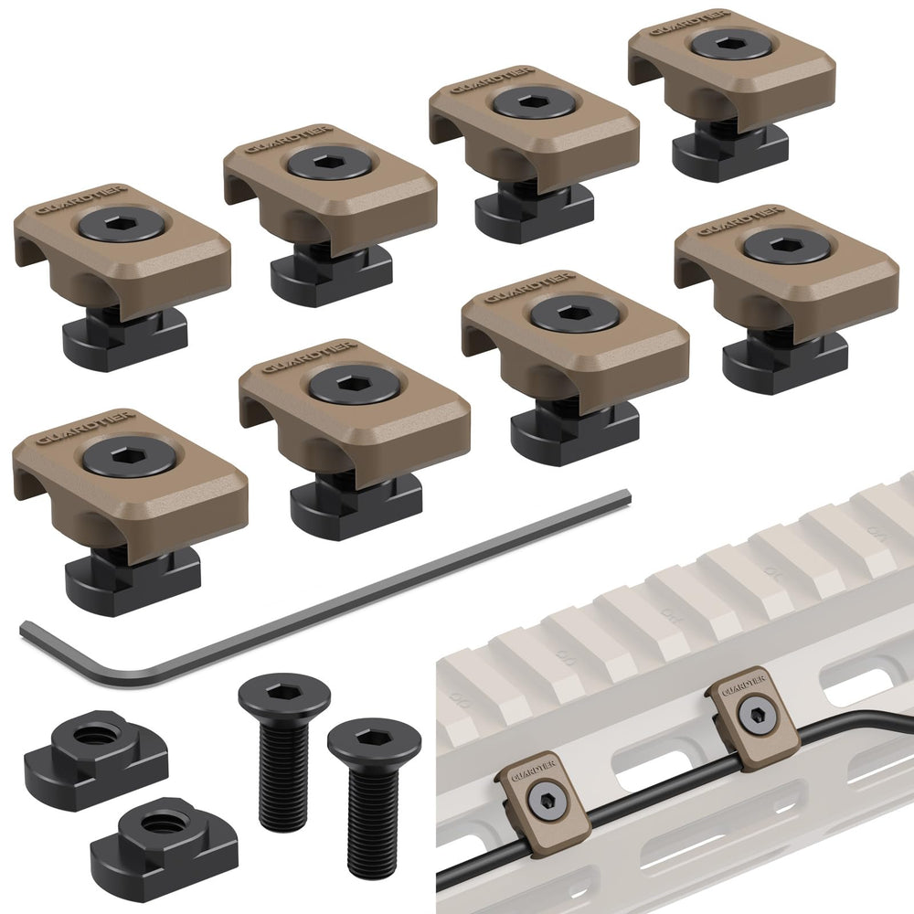 Guardtier CGM909 cable guide clip securing flashlight wires on M-LOK rails.