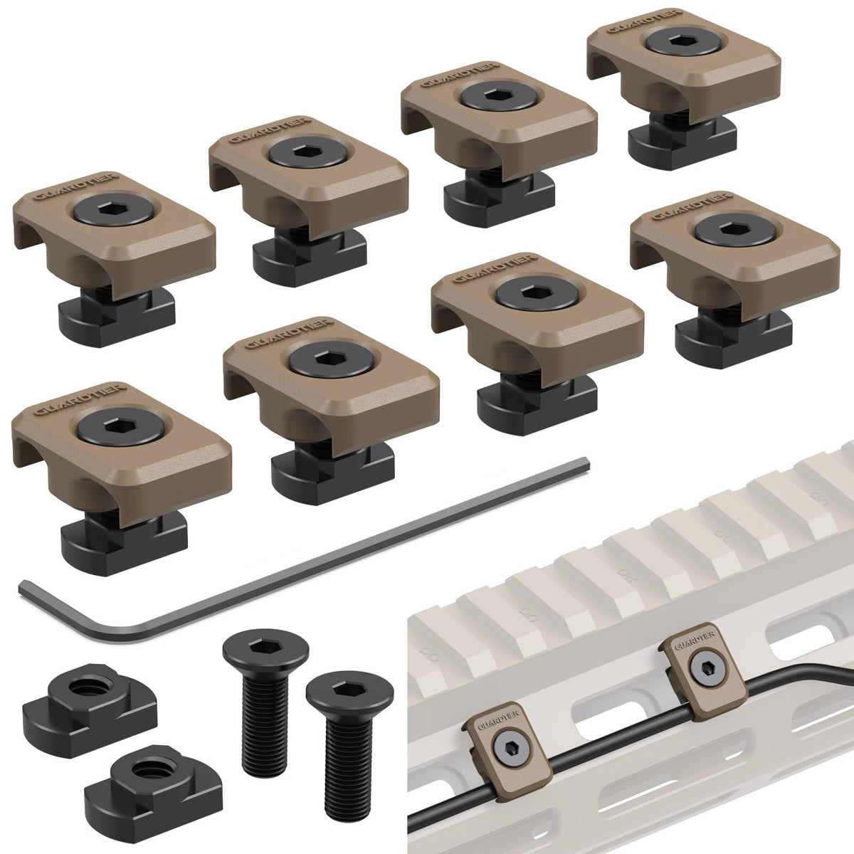 Guardtier CGM909 cable guide clip securing flashlight wires on M-LOK rails.