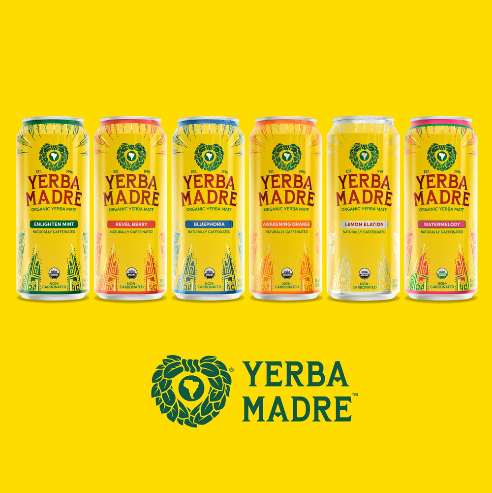 Shelf display of a 12 pack Guayaki Yerba Madre Awakening Orange