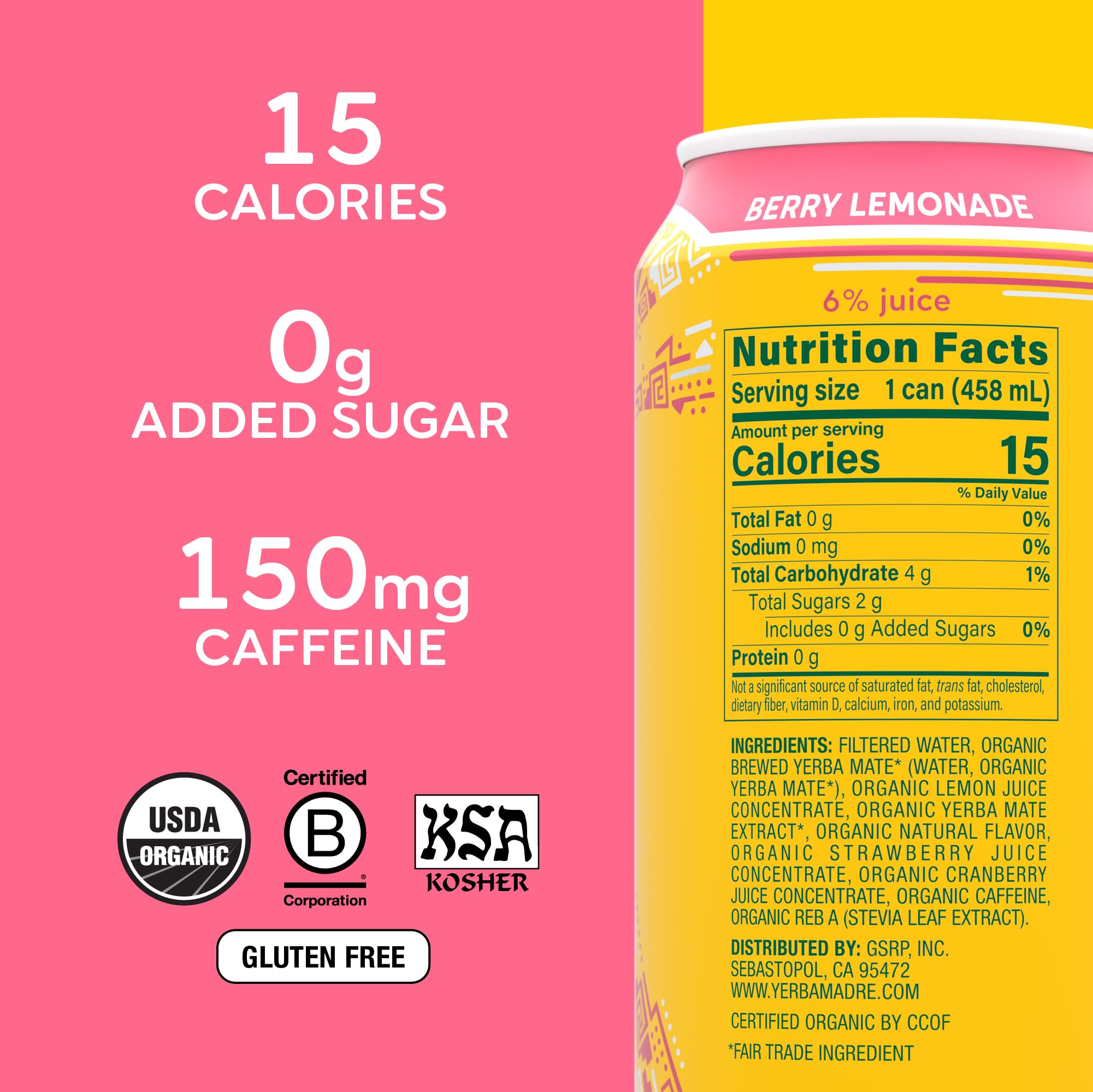 Guayaki Yerba Madre Berry Lemonade bottle on desk supports focus.