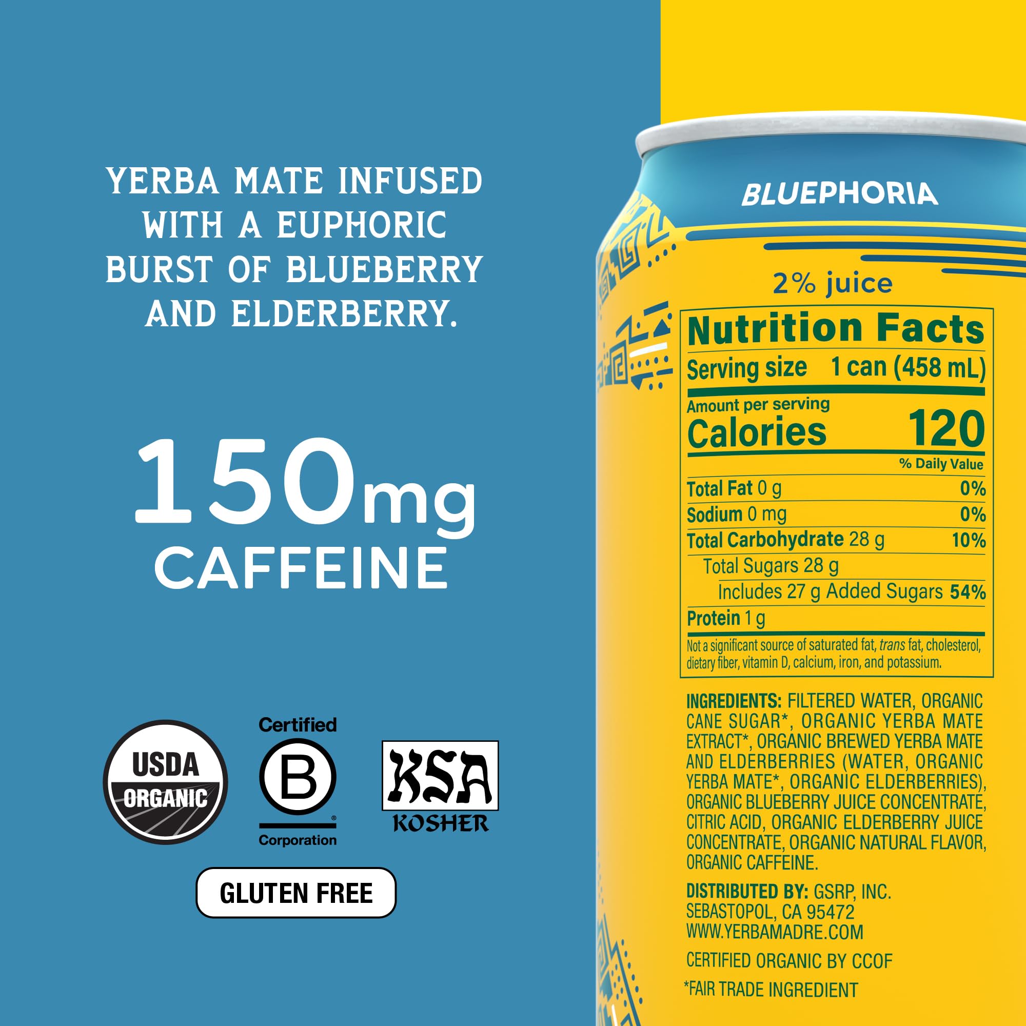 Guayaki Yerba Madre Bluephoria can with blueberry and elderberry for mood and focus.