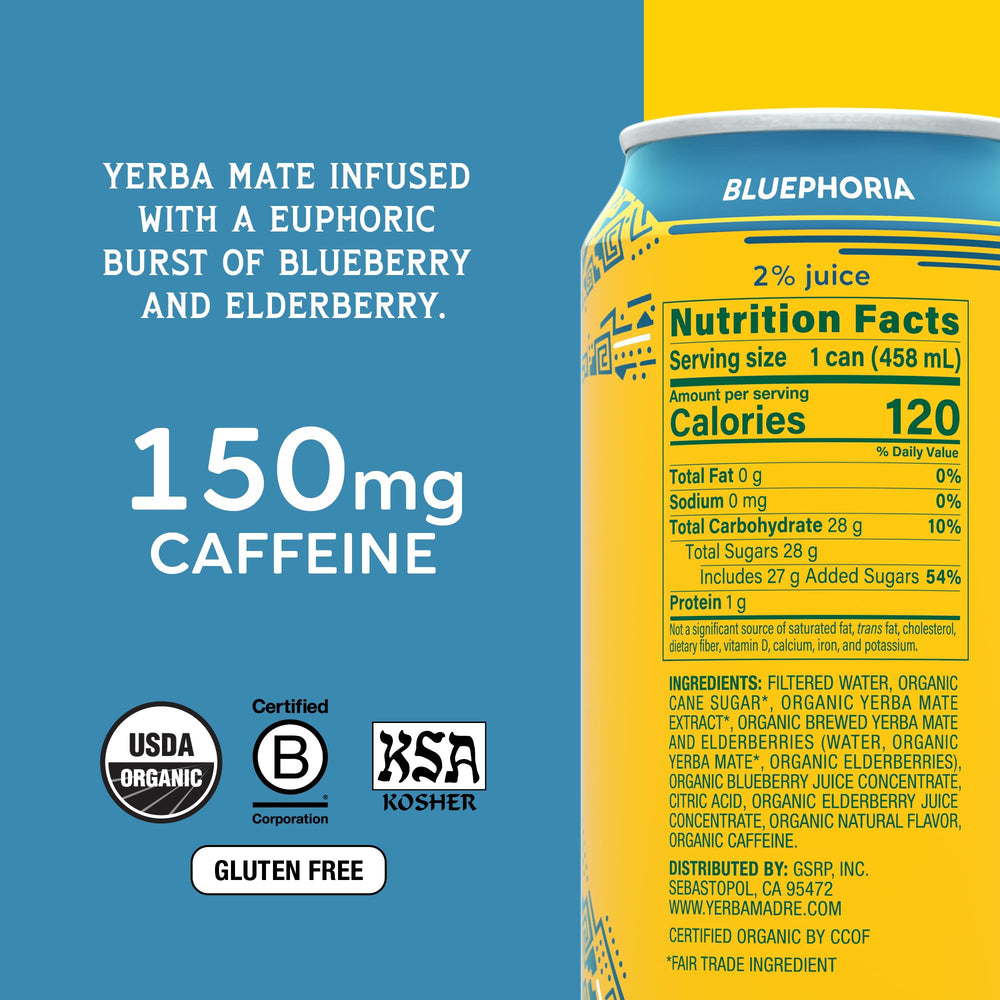 Guayaki Yerba Madre Bluephoria can with blueberry and elderberry for mood and focus.