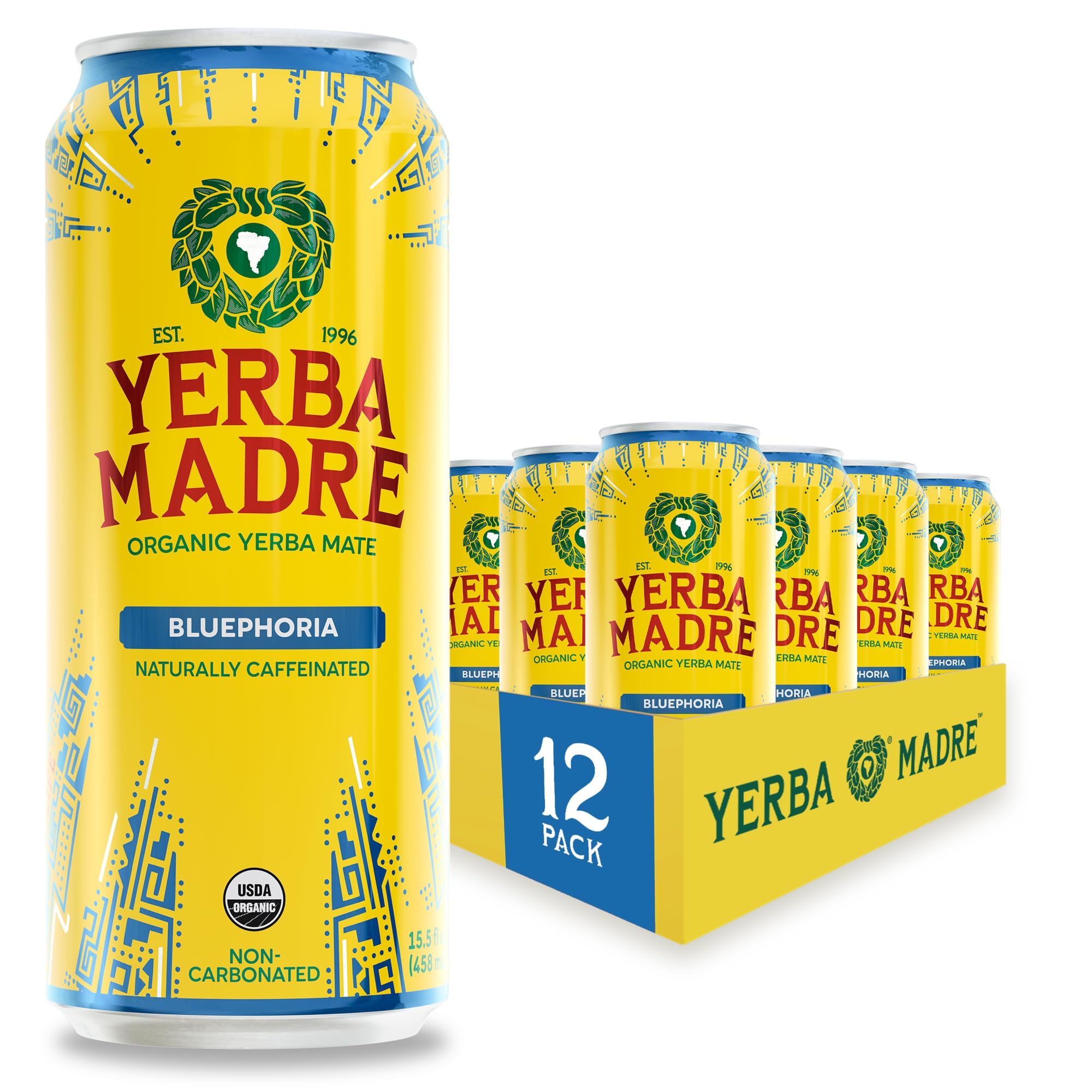 Guayaki Yerba Madre Bluephoria pack of 12 cans delivers steady energy for daily routines.