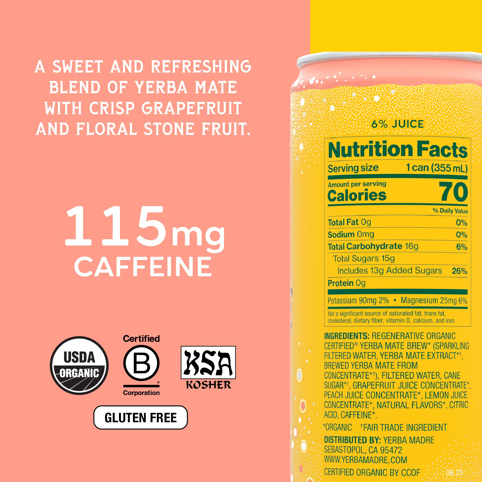 Guayaki Yerba Madre carbonated mate poured into a glass for sustained focus