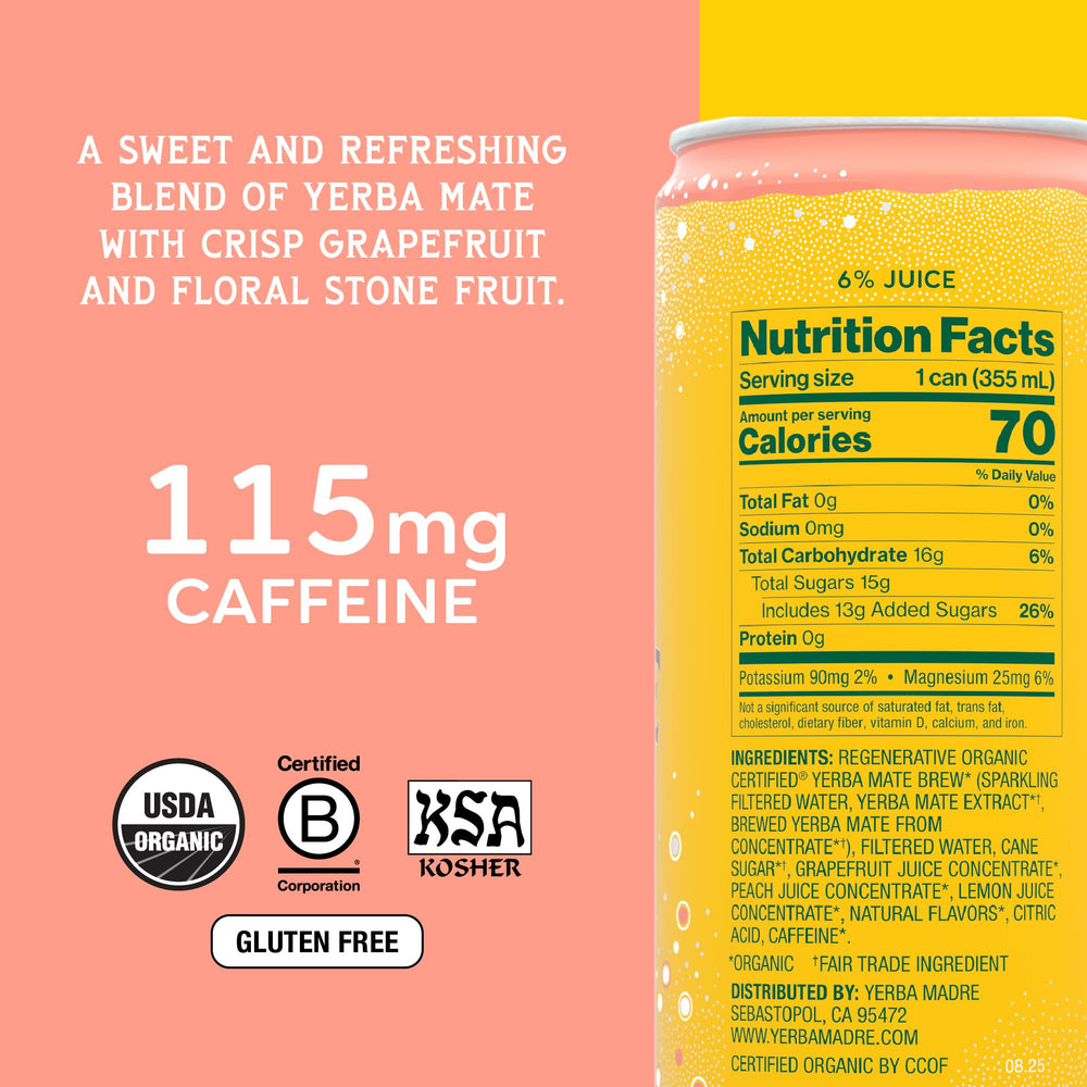 Guayaki Yerba Madre carbonated mate poured into a glass for sustained focus