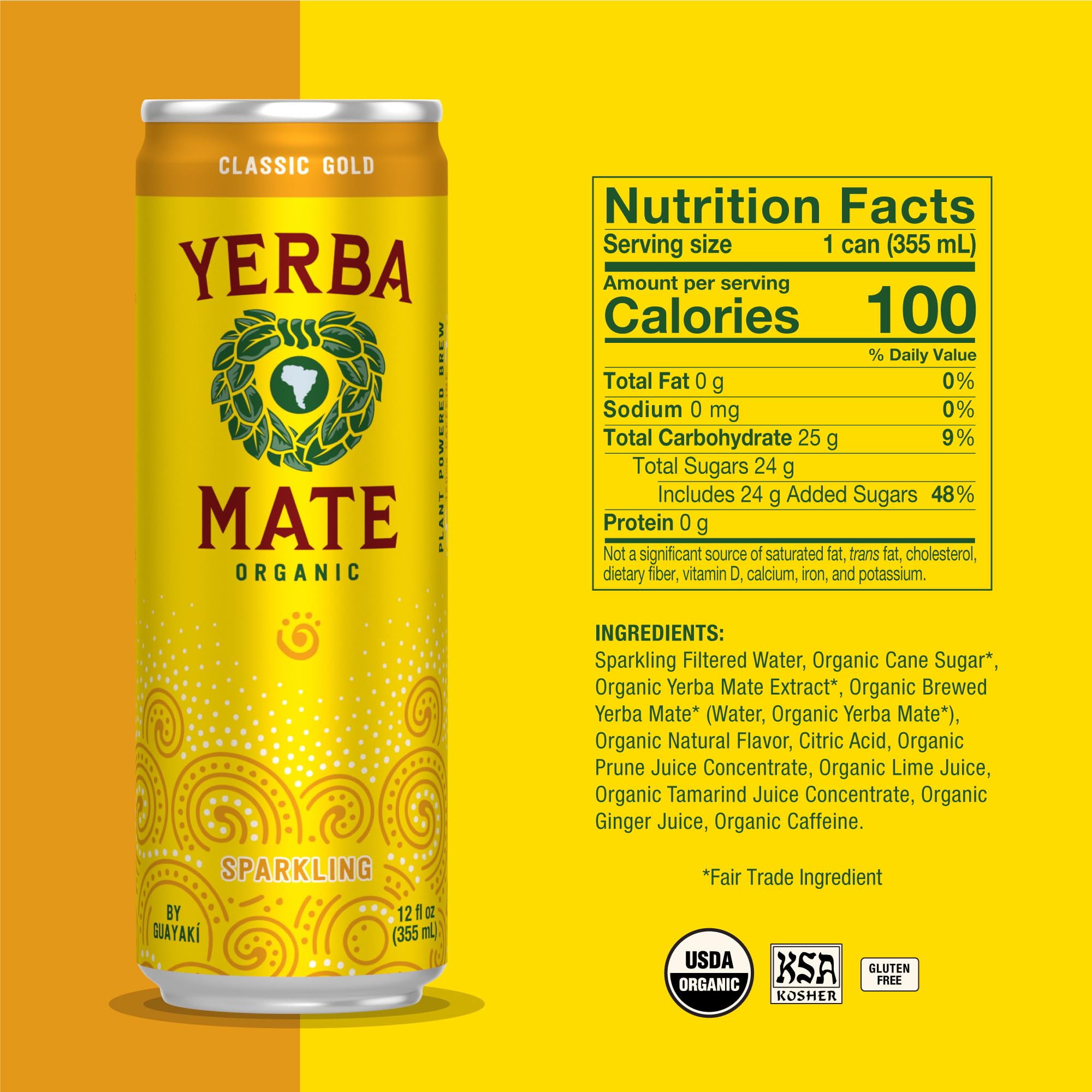 Guayaki Yerba Madre Classic Gold ingredients panel illustrating natural caffeine source.