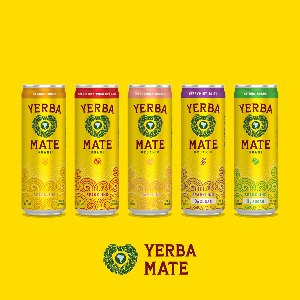 Guayaki Yerba Madre Classic Gold label close-up signaling regenerative sourcing.
