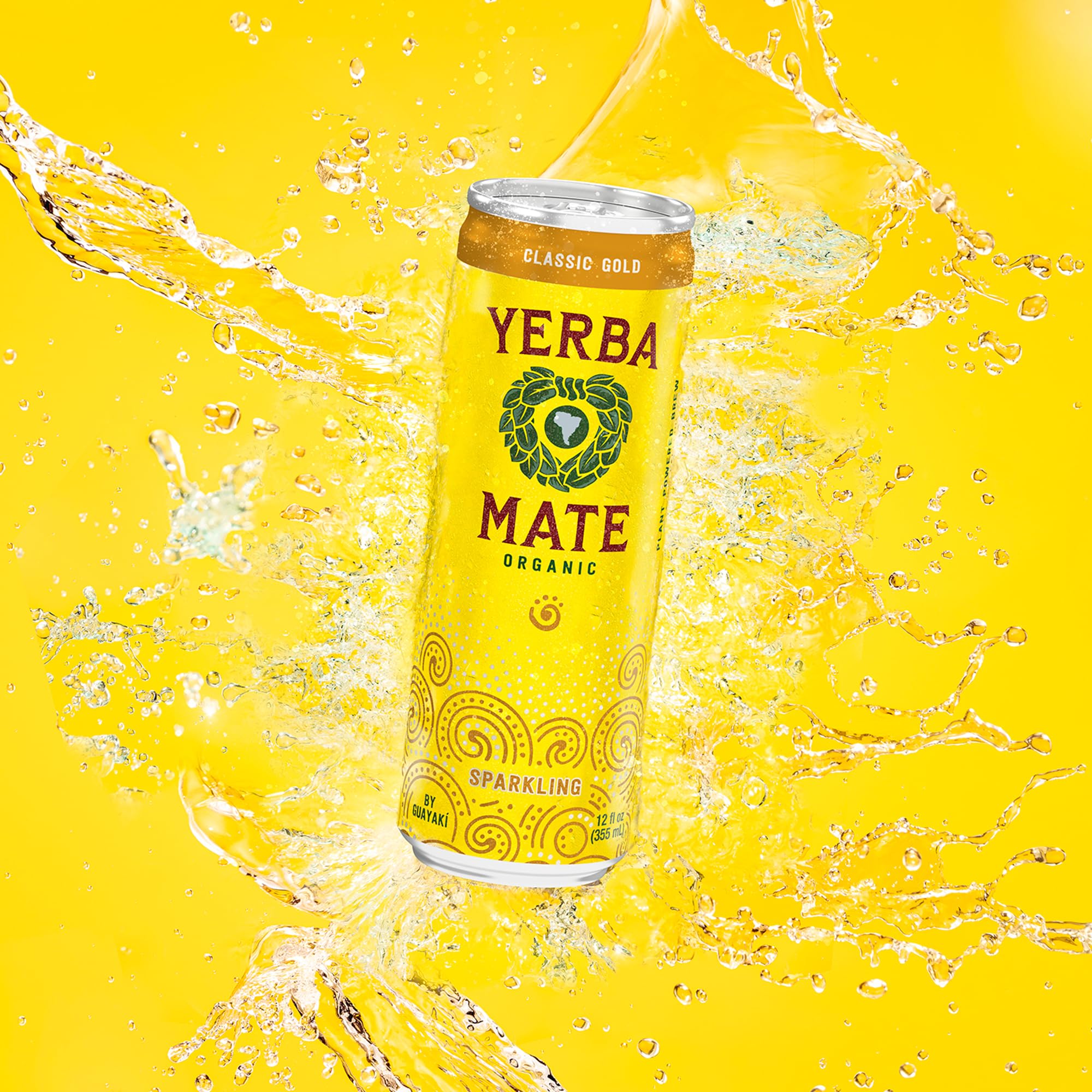 Guayaki Yerba Madre Classic Gold sparkling can close-up highlighting foam and refreshing aroma.