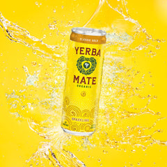 Guayaki Yerba Madre Classic Gold sparkling can close-up highlighting foam and refreshing aroma.
