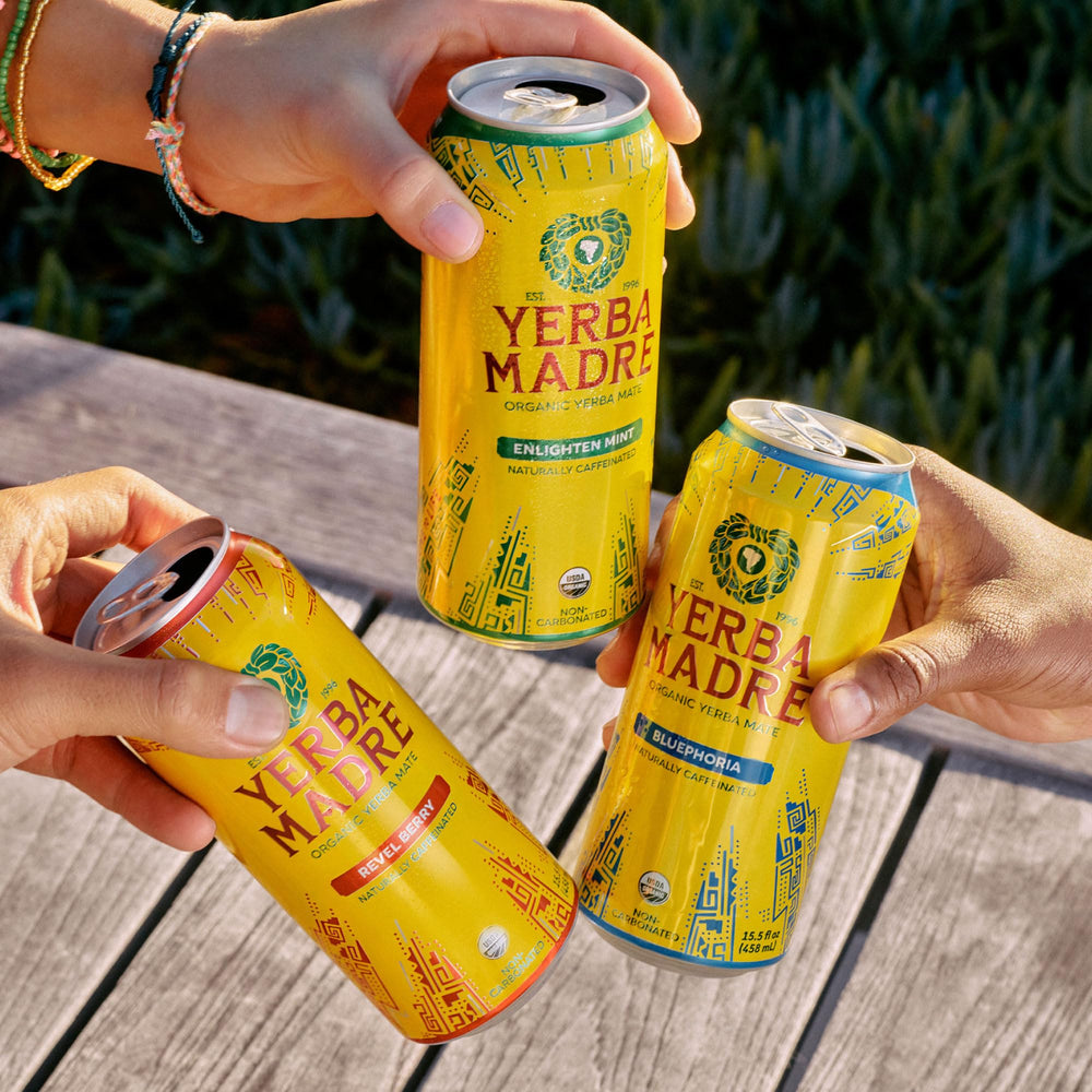 Yerba Madre energy splash suggesting smooth, lasting focus.