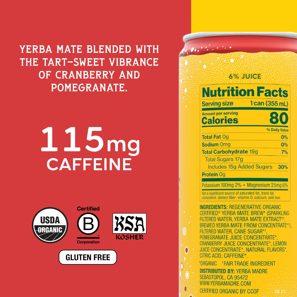Closeup of Yerba Madre label highlighting sustainability and flavor